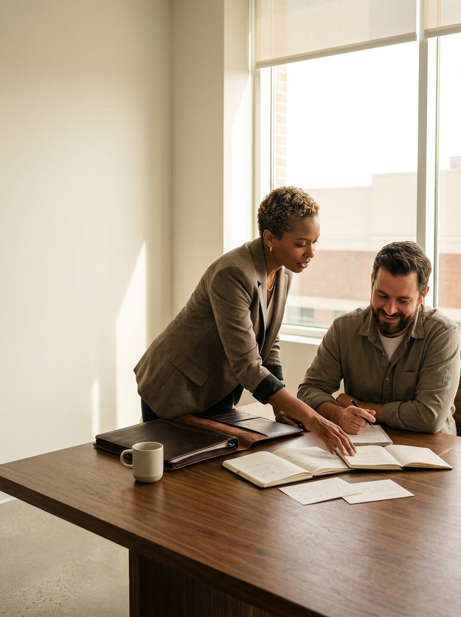 A woman in a brown blazer showing documents to a man in a gray shirt at a wooden desk in an office with large windows.