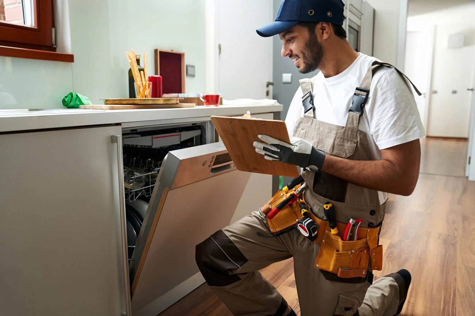 A man wearing work gloves and a tool belt kneeling in front of a built-in dishwasher in a kitchen, holding a wooden cutting board and looking inside the dishwasher.