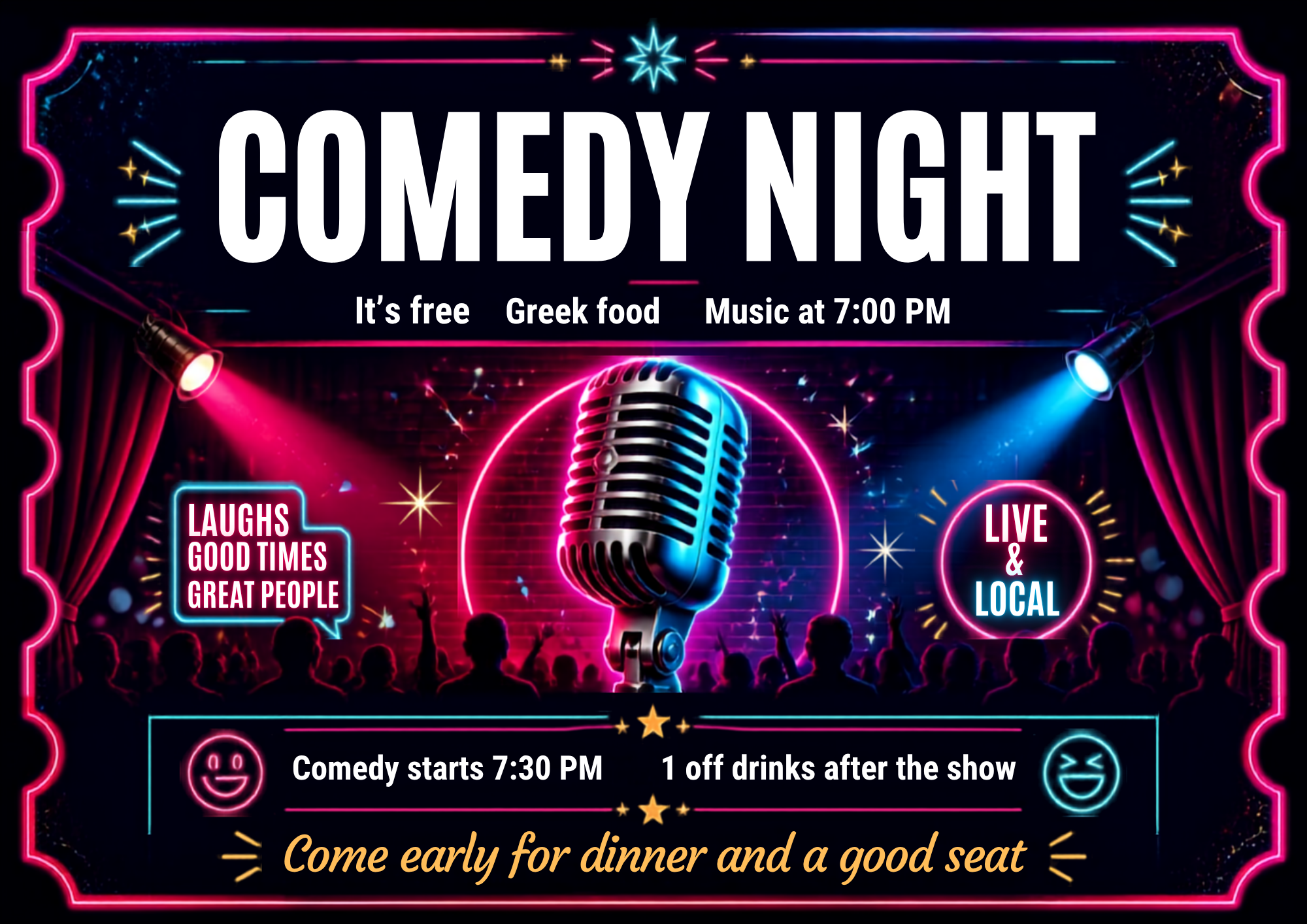LIVE MUSIC -  Pete Demarzo (7pm - 7:30)/COMEDY NIGHT - (7:30PM - 9PM) - Greek Food (5pm - 8pm)