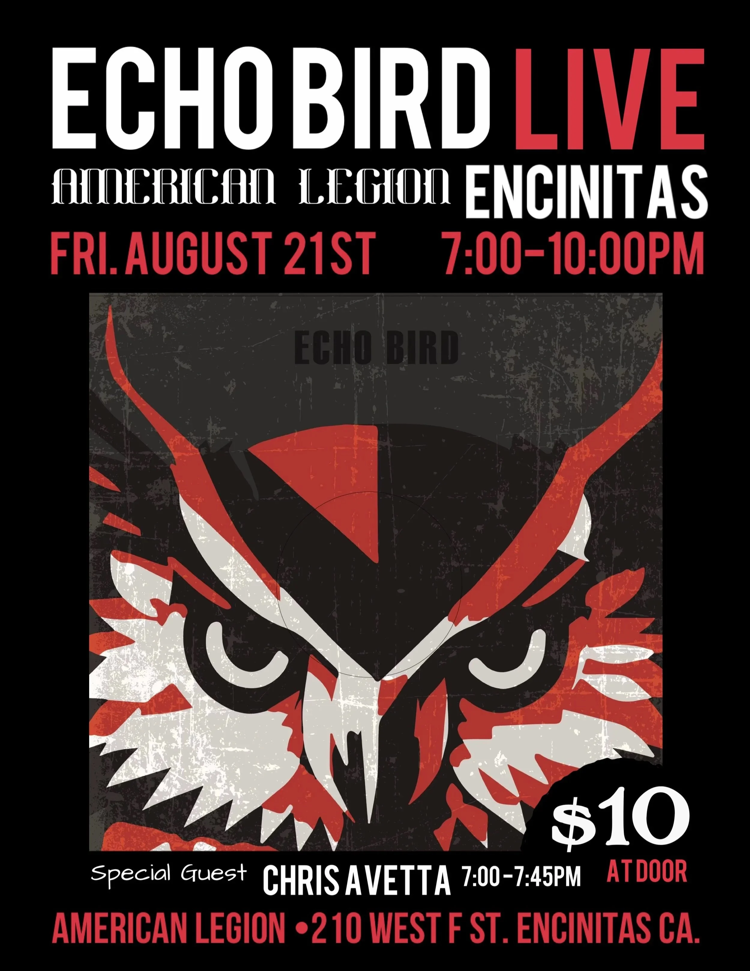 LIVE MUSIC - Echo Bird with Chris Avetta opening -$10.00 for non-members (7PM - 10PM) Stoked on Sushi (4 pm - 8pm)