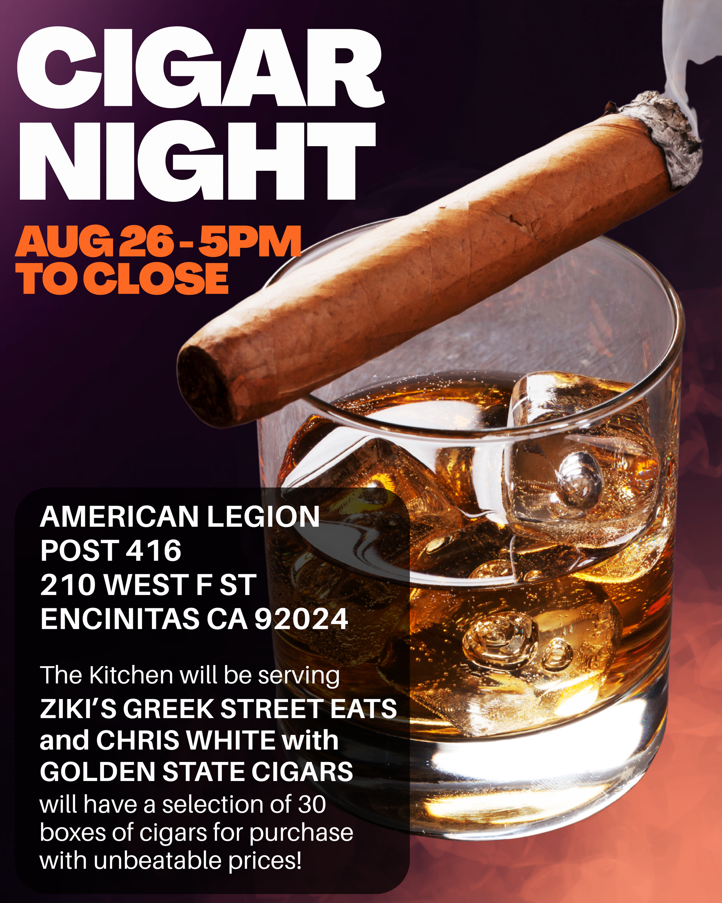 Cigar Night (5pm - Close) - Greek Night (4pm - Close)