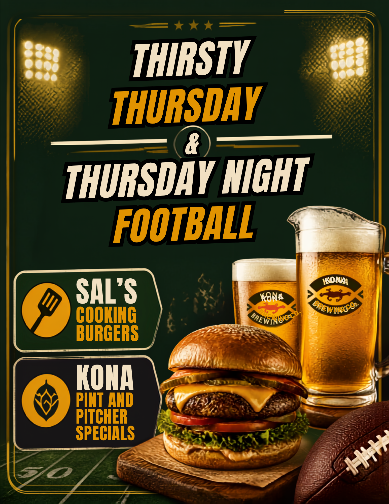Thirsty Thursday and Thursday Night Football, Sals Cooking Burgers (5pm - 8pm)