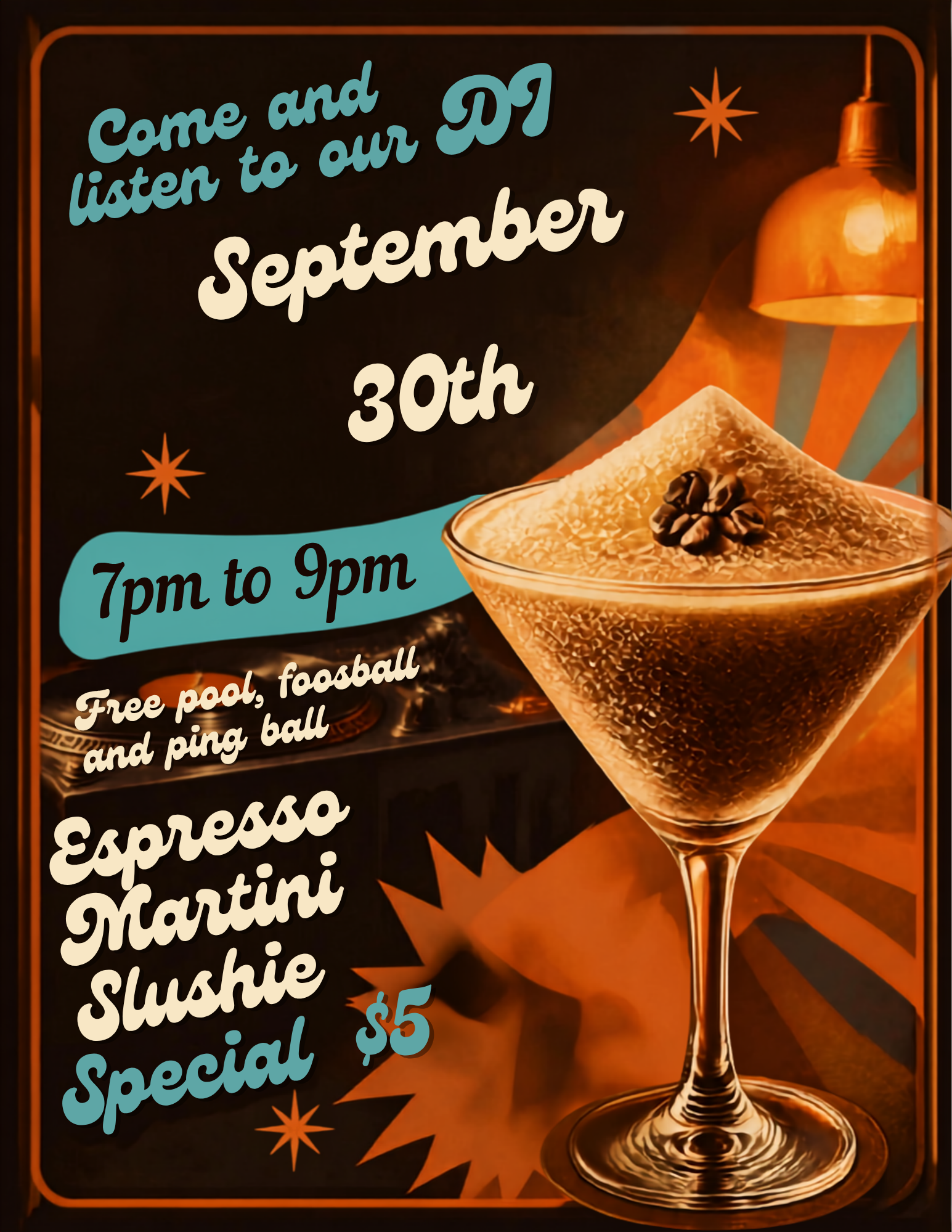 Come and Listen to DJ Pete, and Enjoy Espresso  Marini Slushy Special $5 