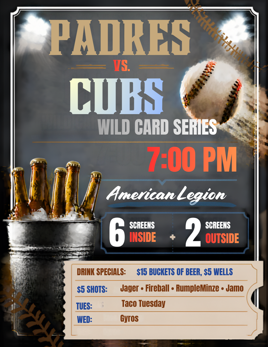 no Music, its the wild card series between the padres and cubs  - Taco Tuesday and enchilidas (5pm - 8pm)