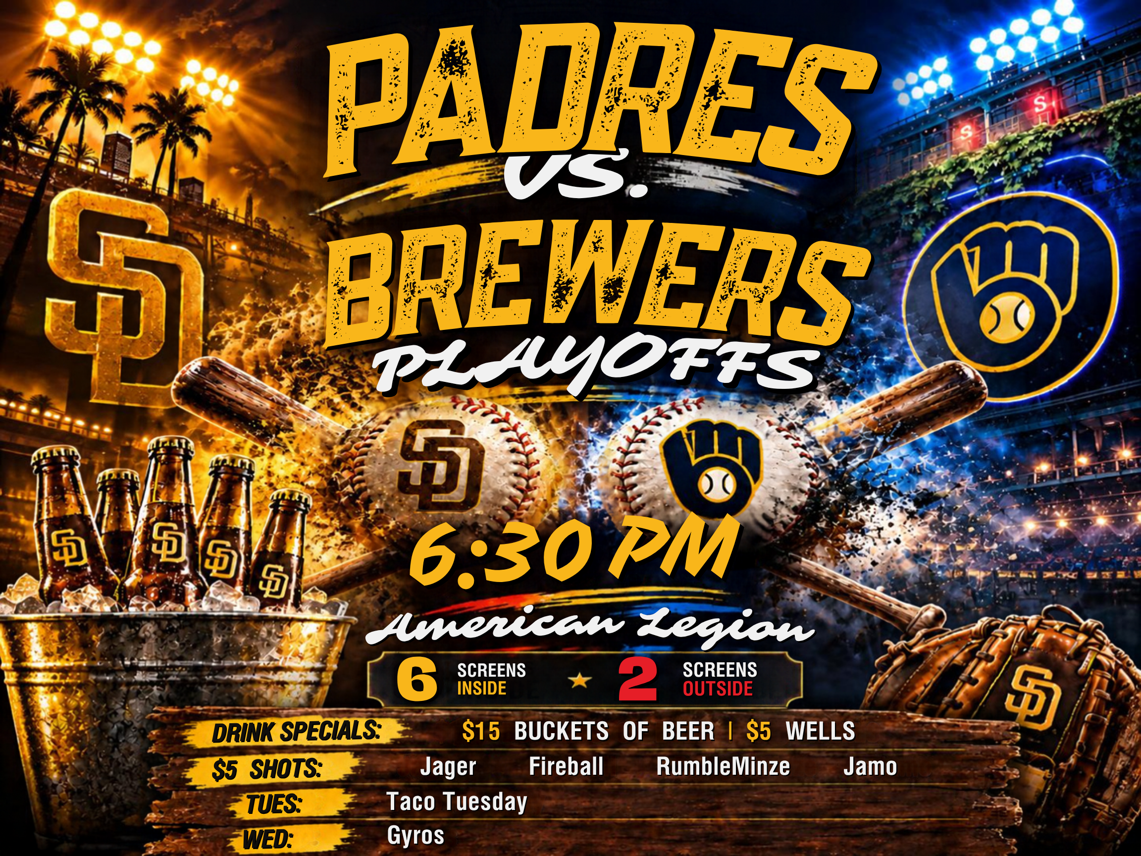 Doug Allen Open Mic (7pm), Padres and Brewers 6:30pm, Taco Tuesday with Chris, BEER SPECIALS FOR THE GAME $15 BUCKETS OF BEER