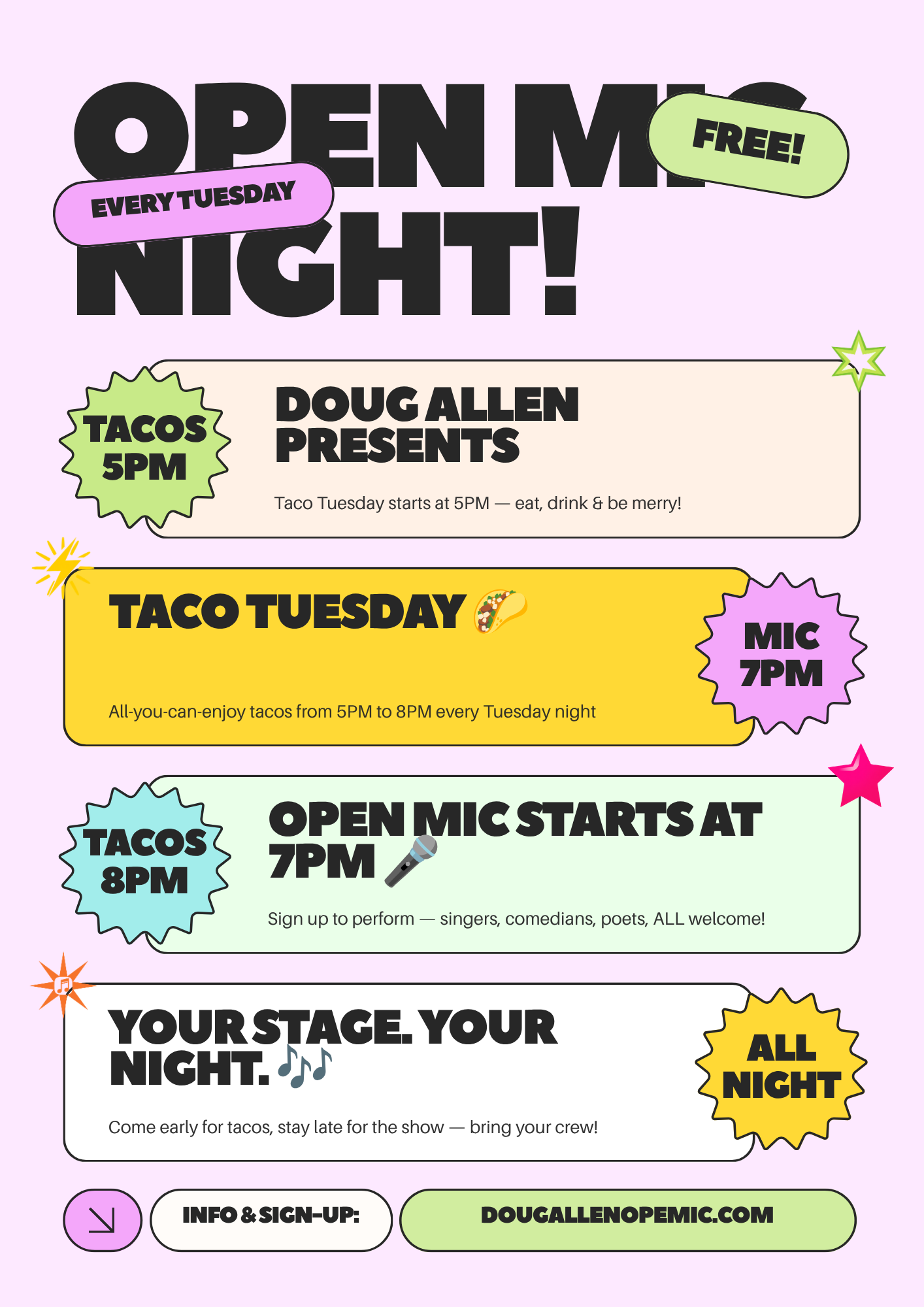 Doug Allen Open Mic (7pm),  Taco Tuesday with Chris 
