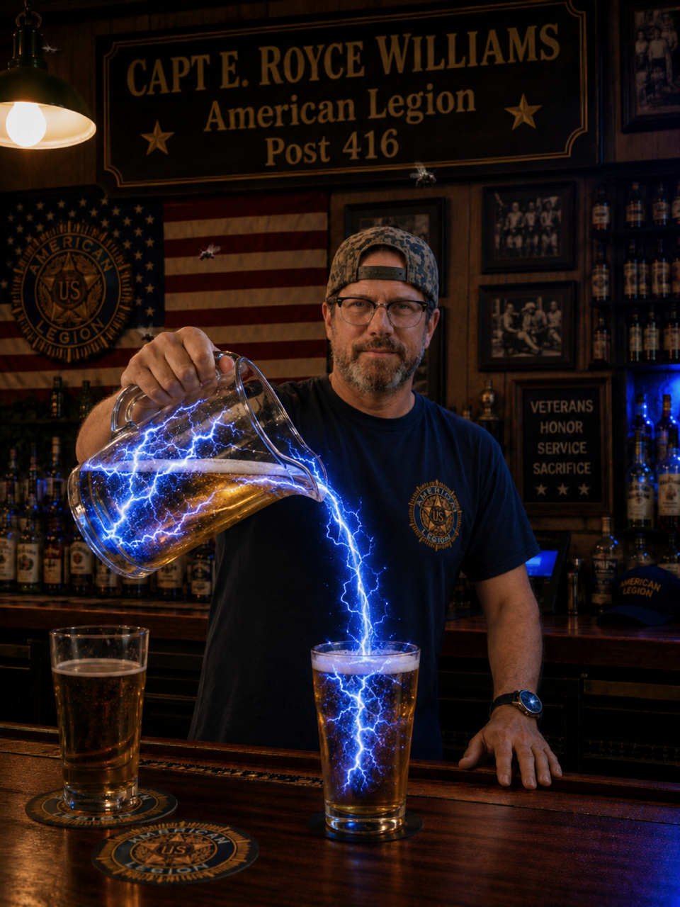 One of our bartenders pouring a drink that creates a lightning effect into a glass at a bar with American Legion signs and US flags.