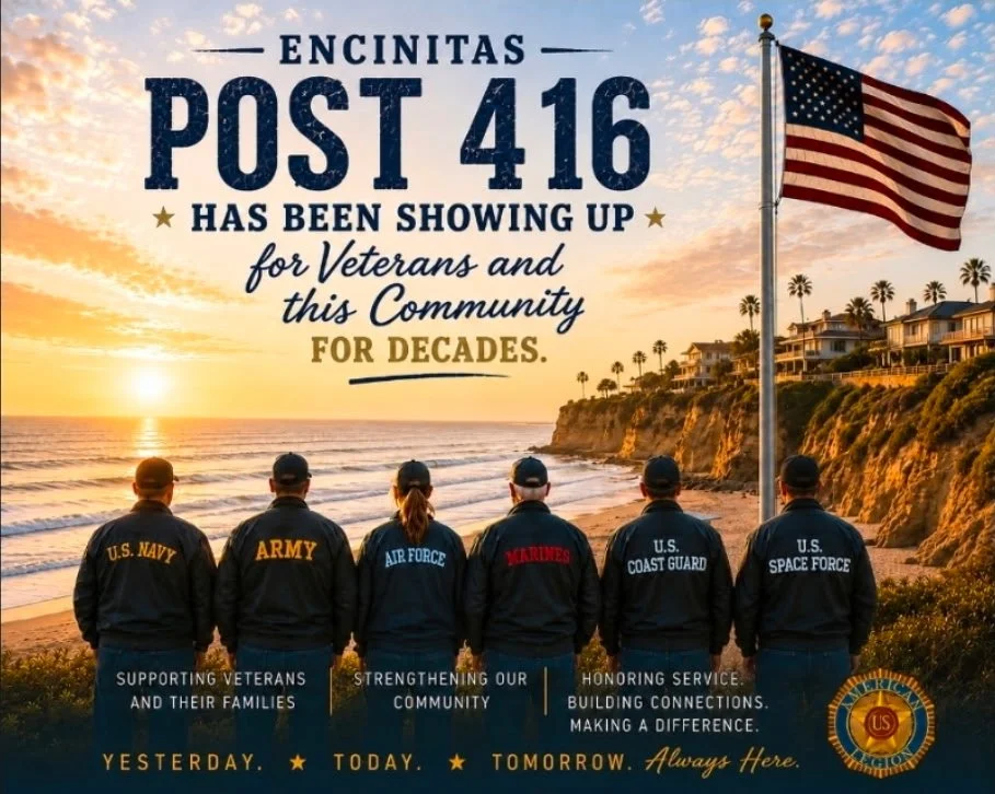 Veterans standing on the beach at sunset, facing the ocean, with an American flag on a flagpole nearby. The text indicates the Post 416 in Encinitas has been supporting veterans and the community for decades.