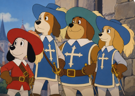 Cartoon representation of our bartender staff - four anthropomorphic dogs dressed as musketeers with swords, standing in front of a stone wall.