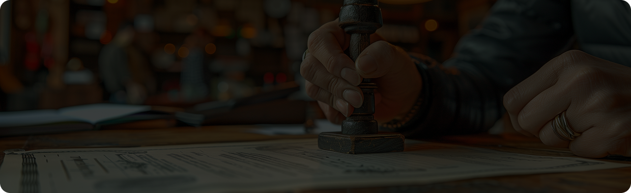 Person stamping a document at a desk in a dimly lit room.