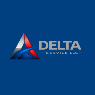 Delta Service LLC logo with an abstract triangular emblem in red, silver, and blue, and the company name in gray text on a blue background.