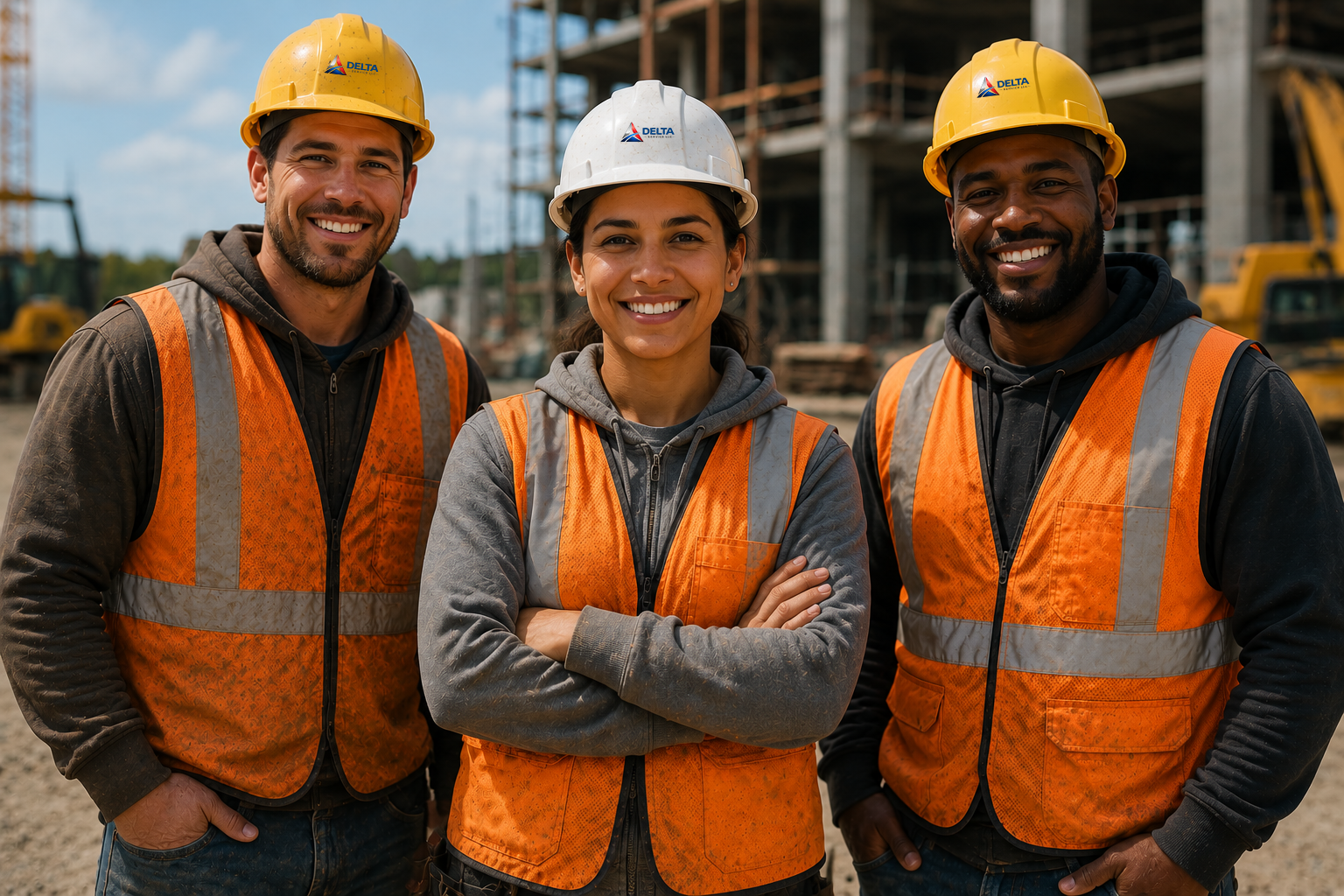 Three construction workers standing outdoors at a construction site, smiling at the camera, wearing safety helmets and orange safety vests.