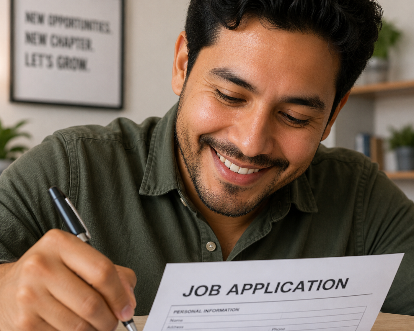 A man smiling and filling out a job application form at a desk.