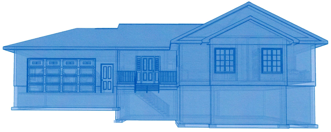 Blue shaded glass house style drawing of a house with attached garage and front porch.