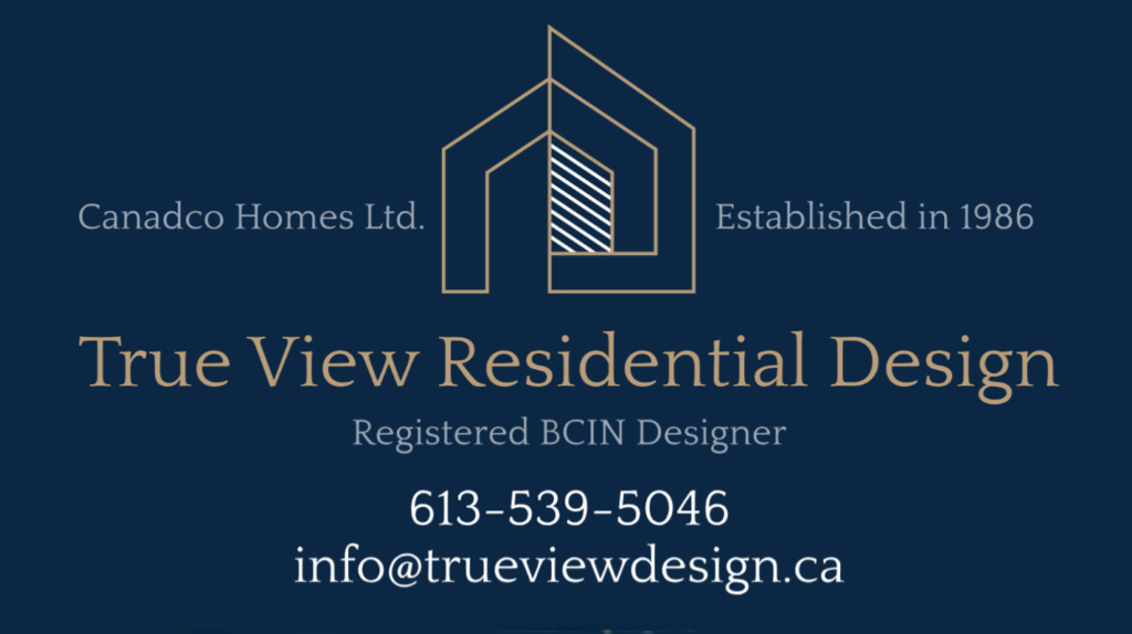 Business card for True View Residential Design with logo, company details, and contact information on a navy blue background.