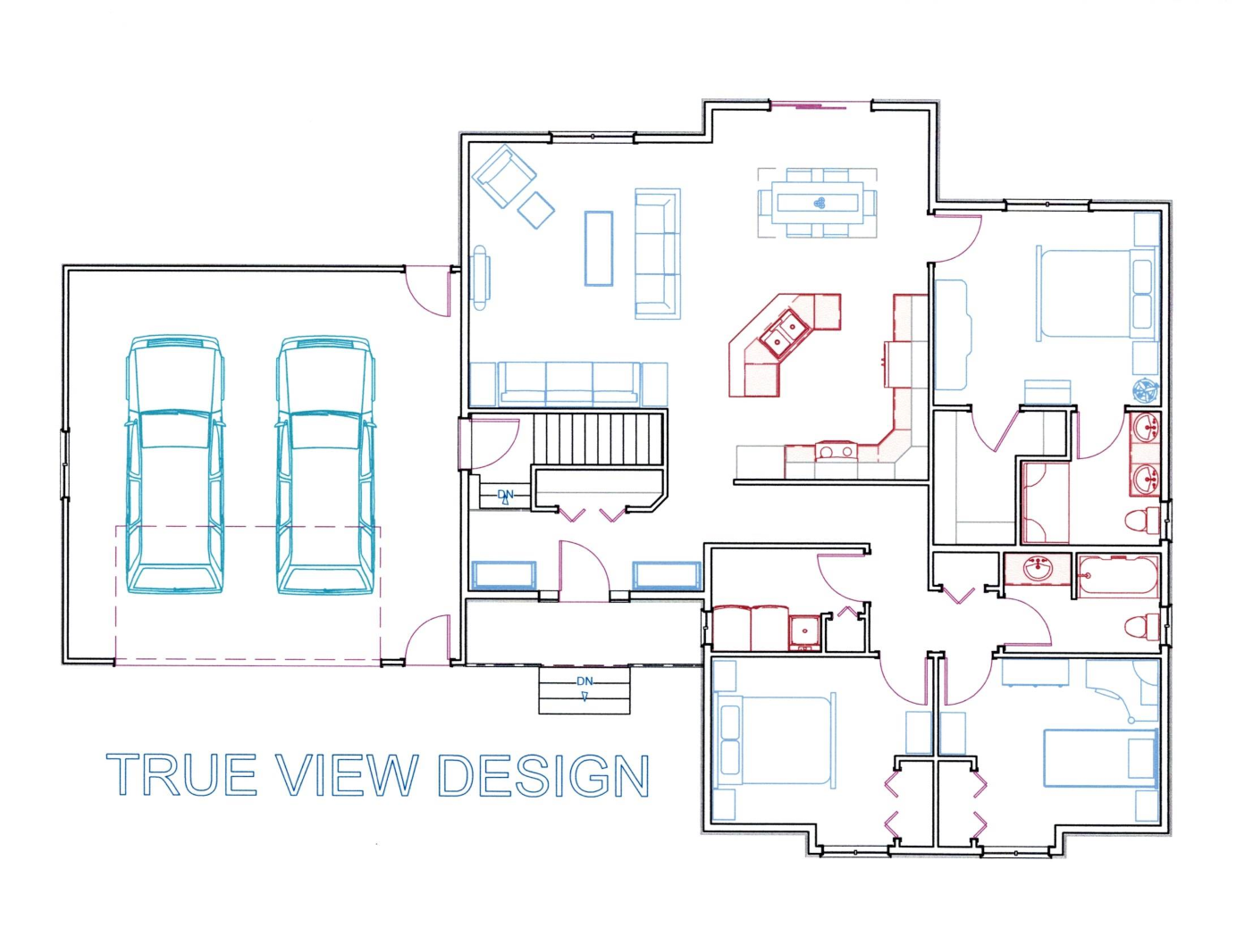 Floor plan of a house showing a two-car garage, living room, kitchen, dining area, multiple bedrooms, bathrooms, and stairs.
