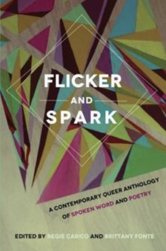 Book cover titled "Flicker and Spark," featuring an abstract, colorful, geometric background design.