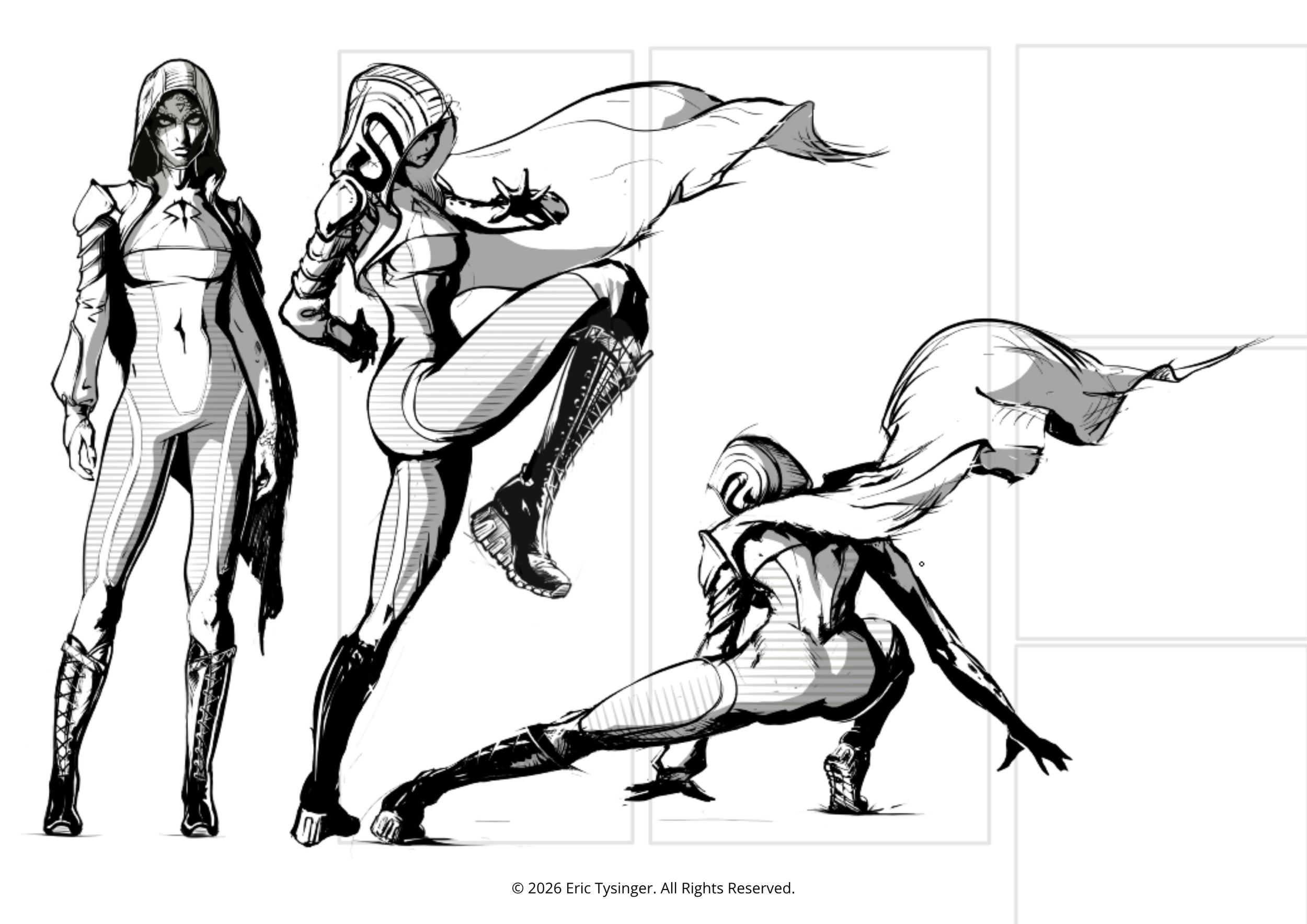 Black and white comic-style drawing of a character turnaround sheet. The Wild Prism.