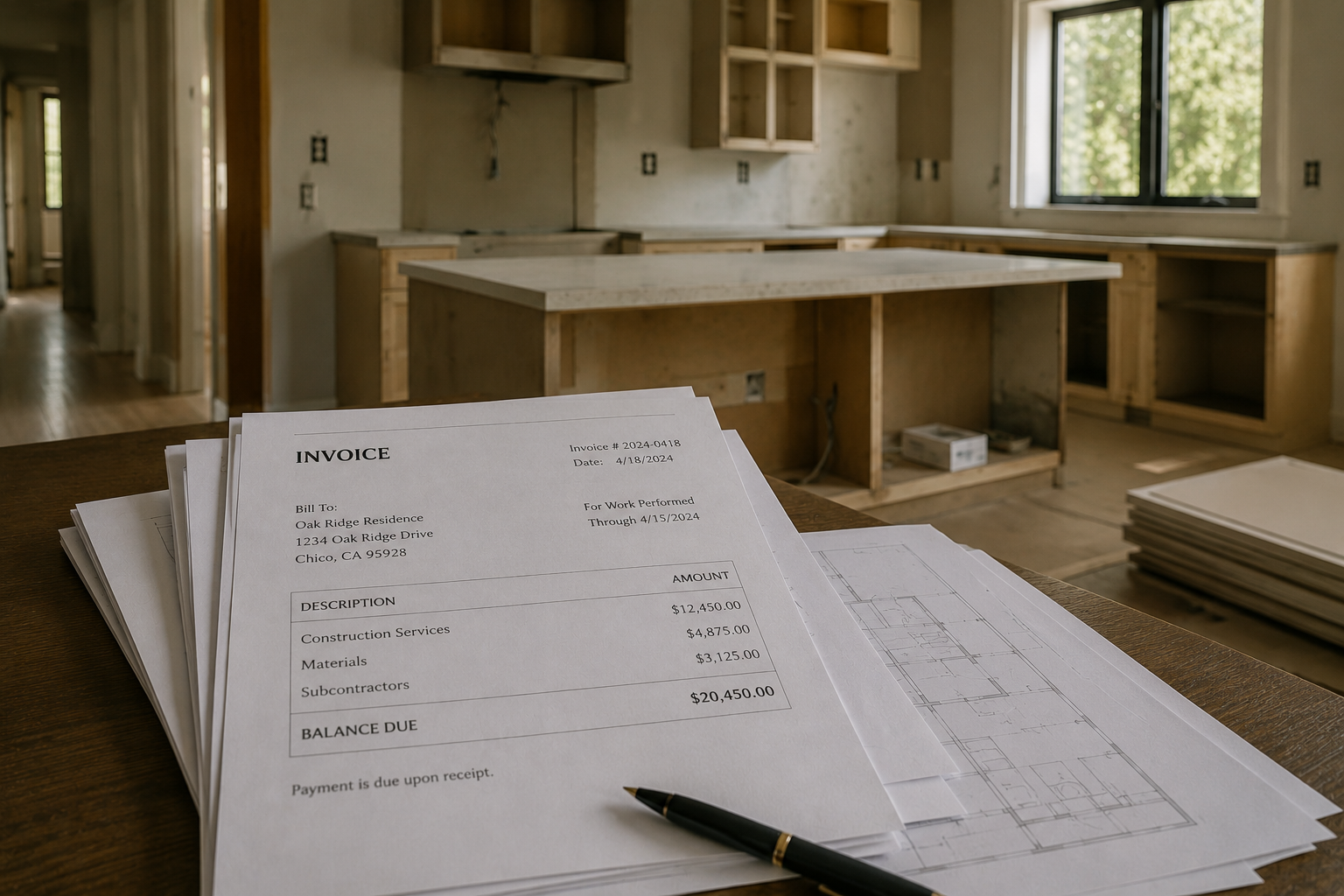A construction invoice and architectural plans on a wooden table in an unfinished kitchen with windows, cabinets, and countertops behind.