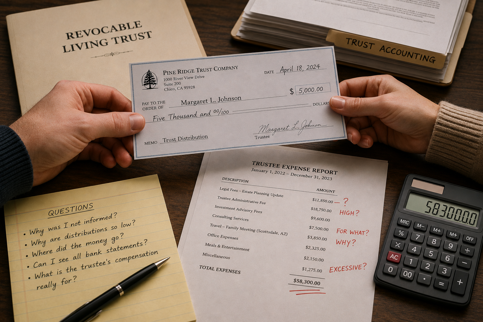 Person handing a check for $5,000 to another person at a desk filled with financial documents, including a trust expense report, questions about trust and expenses, a calculator, and organizational tab dividers.