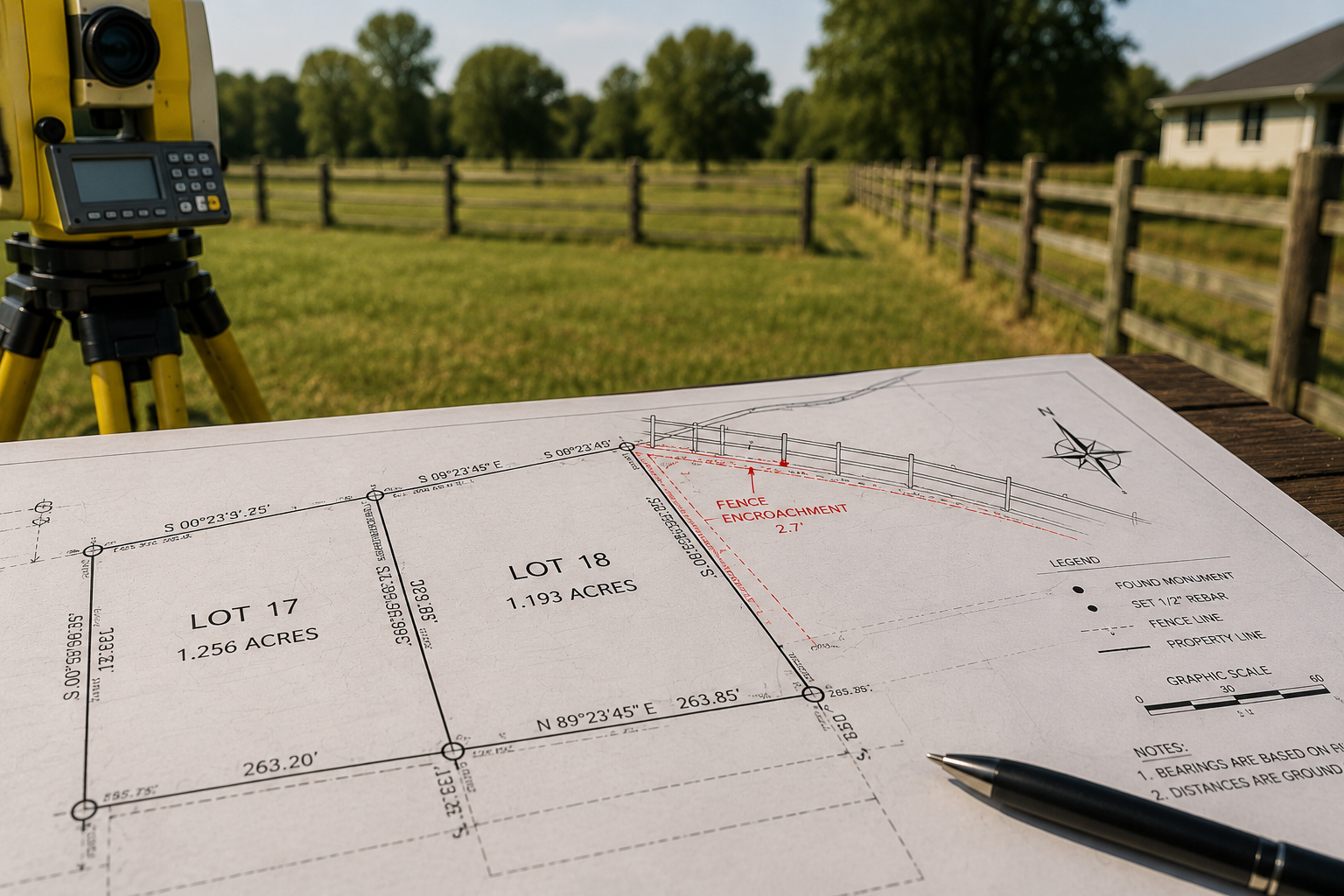 Architectural plans for two land lots, labeled Lot 17 and Lot 18, with a fence encroachment note, on a wooden table outdoors with a surveyor's instrument and a pen, a grassy field, and a house in the background.