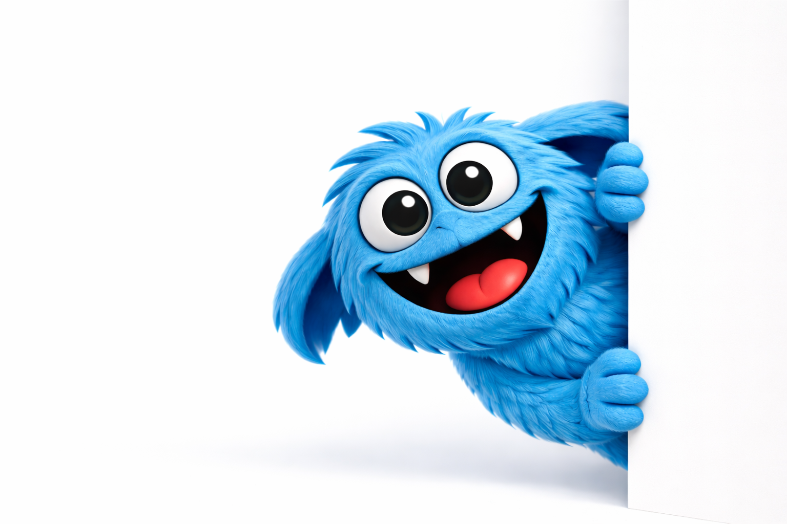 A blue, furry, cartoon monster with big eyes, small fangs, and a wide open mouth, peeking from behind a white partition.