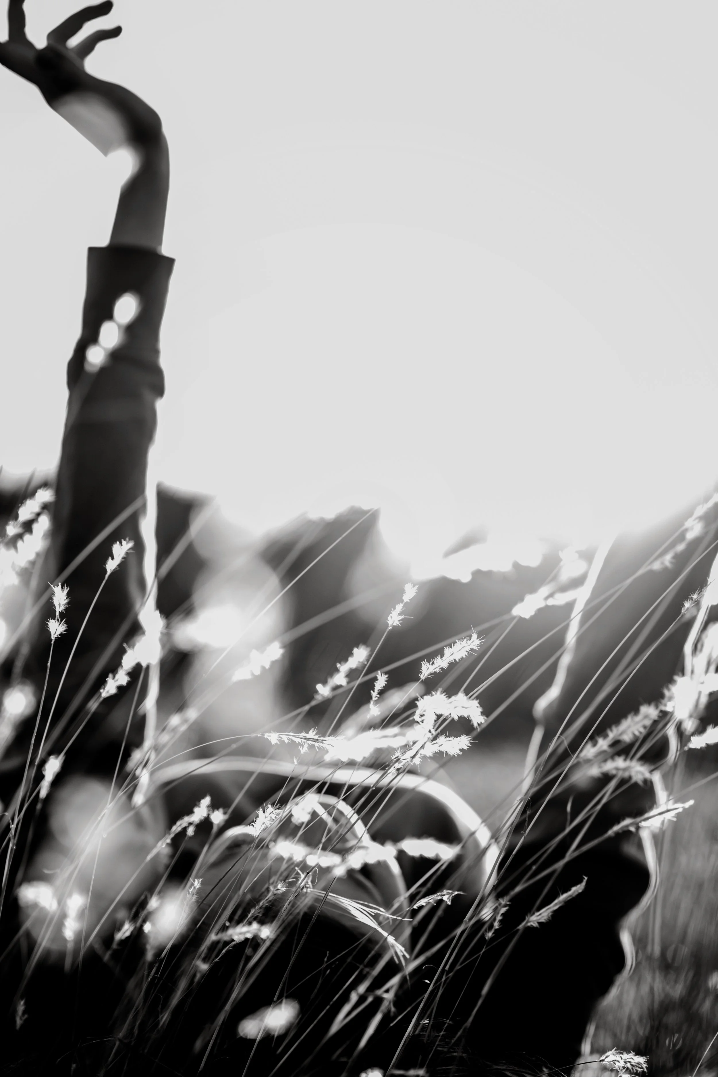 In a dreamlike black-and-white photo, a person expresses lightness and joy as they lay among sunlit grasses and lift their arms freely into the air.