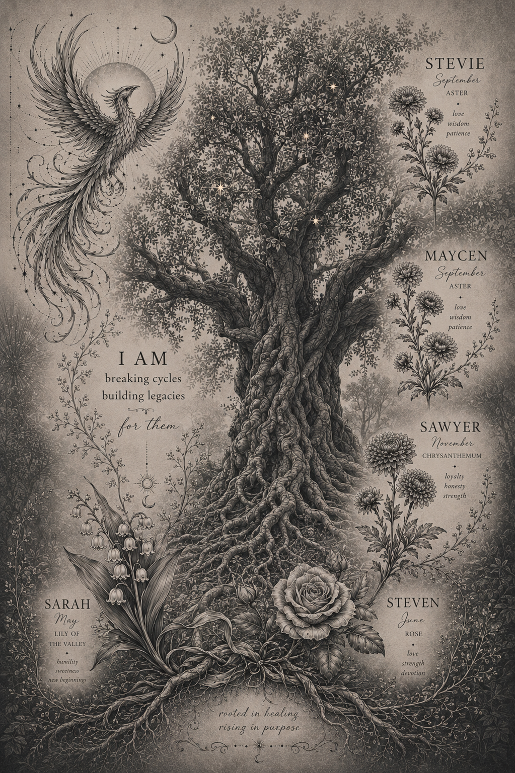 A detailed, artistic illustration of a tree with twisting roots and dense foliage, surrounded by various flowers, celestial symbols, and inspirational words. The image features a phoenix with spreading wings, a crescent moon, stars, and text honoring individuals and their qualities.