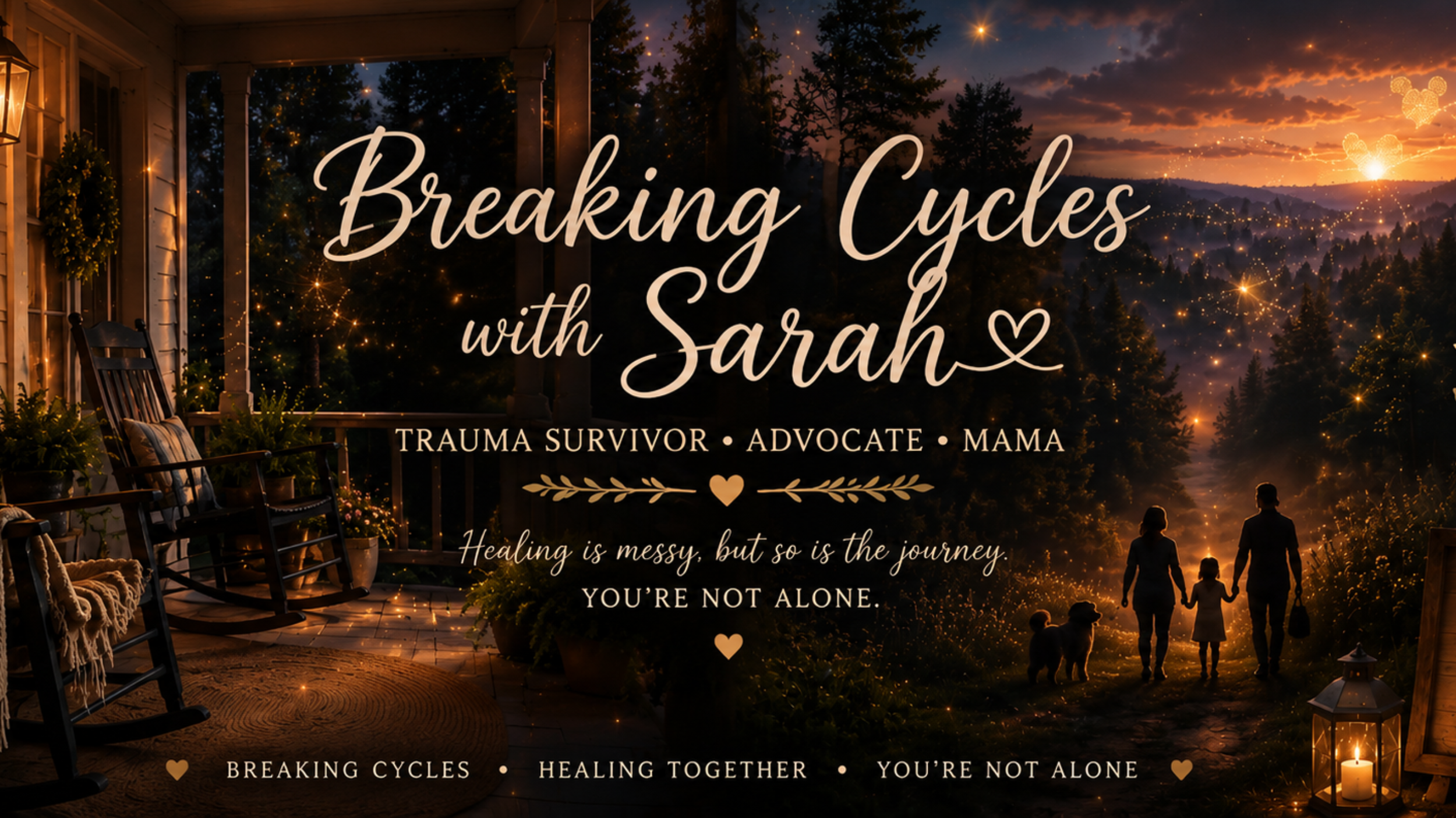 A cozy porch decorated for evening with chairs, lanterns, and plants, overlooking a sunset and a silhouette of a family walking with two dogs on a scenic hilltop. Overlayed text reads 'Breaking Cycles with Sarah,' with additional message about healing and support.