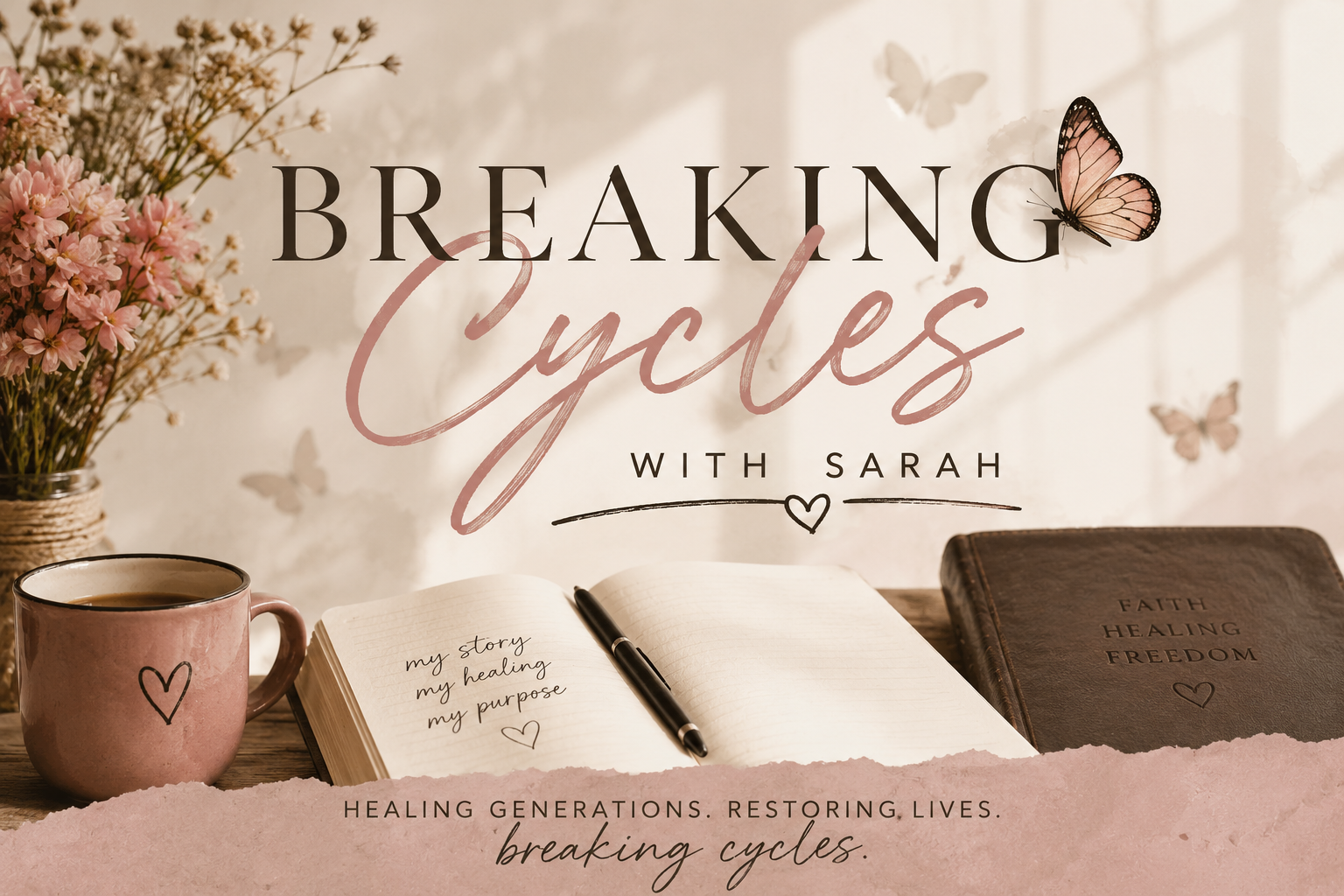 A cozy workspace with a pink mug, an open journal with handwritten text, a leather-bound book, and a bouquet of pink and white flowers on a wooden table. The background has soft, natural light and floating butterflies, with text overlay promoting a healing and restoring program called 'Breaking Cycles with Sarah'.