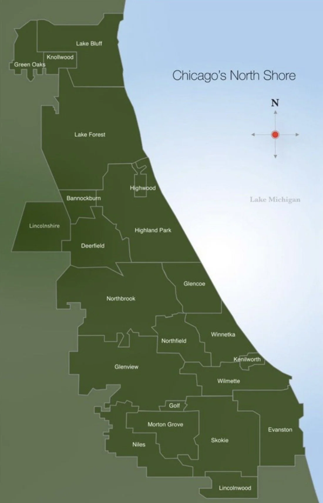 Map of Chicago's North Shore and surrounding towns.