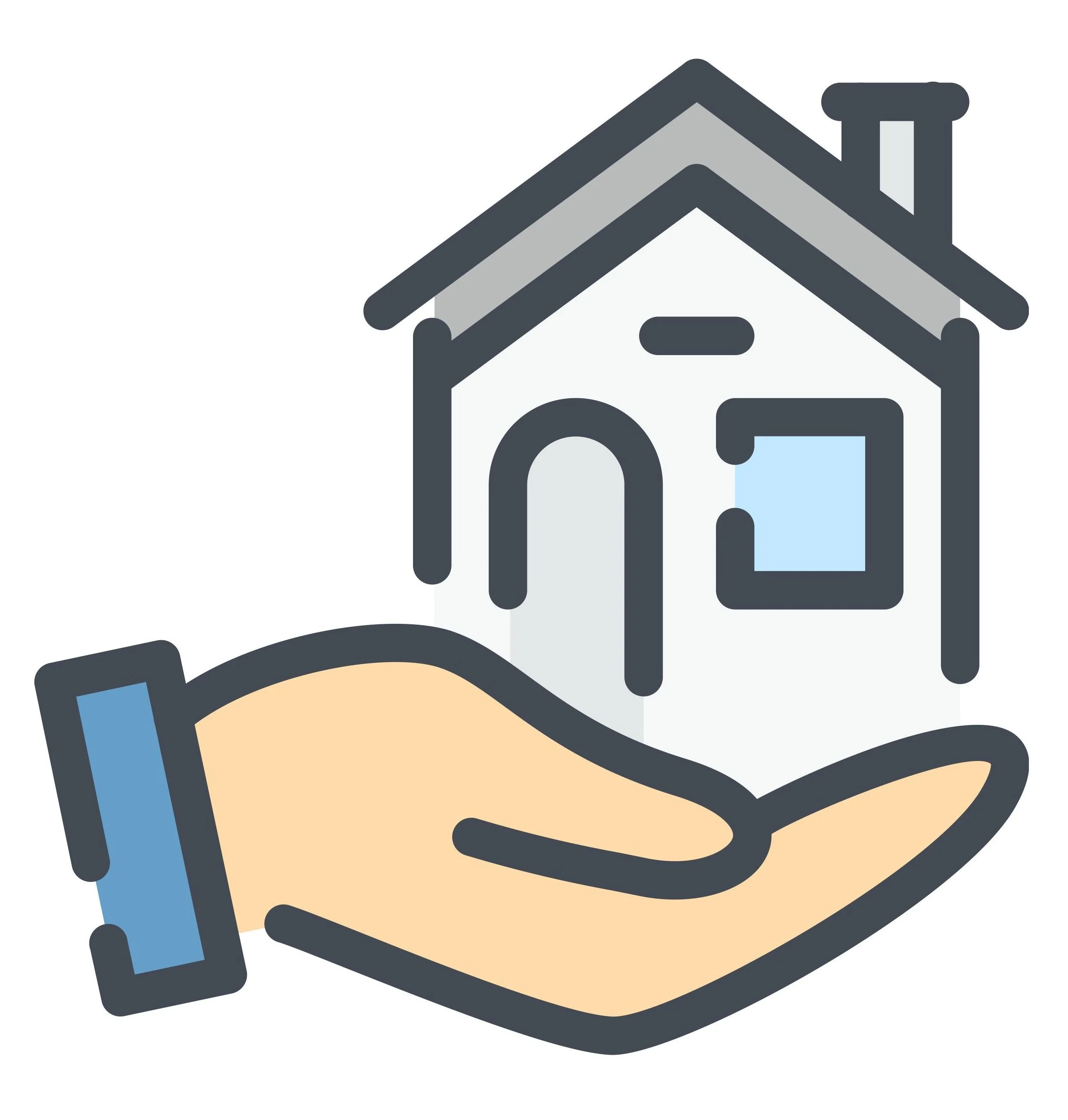 Graphic illustration of a house with a chimney, cellphone, and an open book, all shown in a simplified, stylized manner.