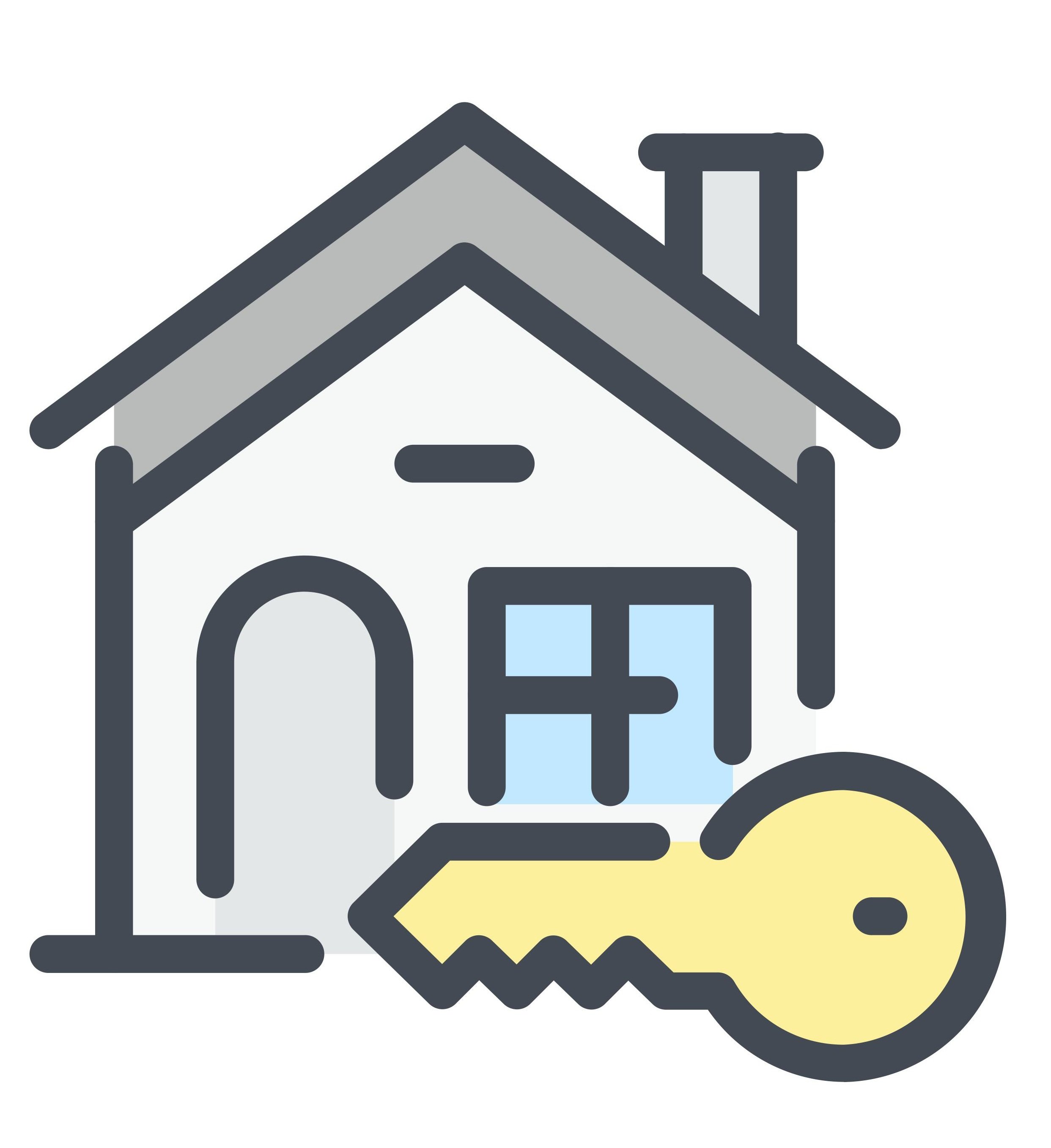 Illustration of a house with a pitched roof, a chimney, and a garage, with a yellow arrow pointing to the right.