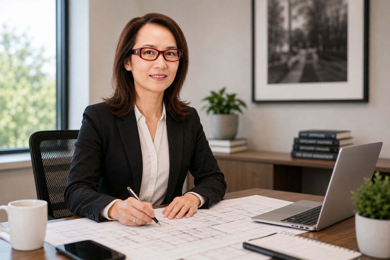 A Chinese female realtor wearing a black blazer and glasses is sitting at a desk, smiling, with a pen in her hand. There is a laptop and some architectural or engineering plans on the desk.