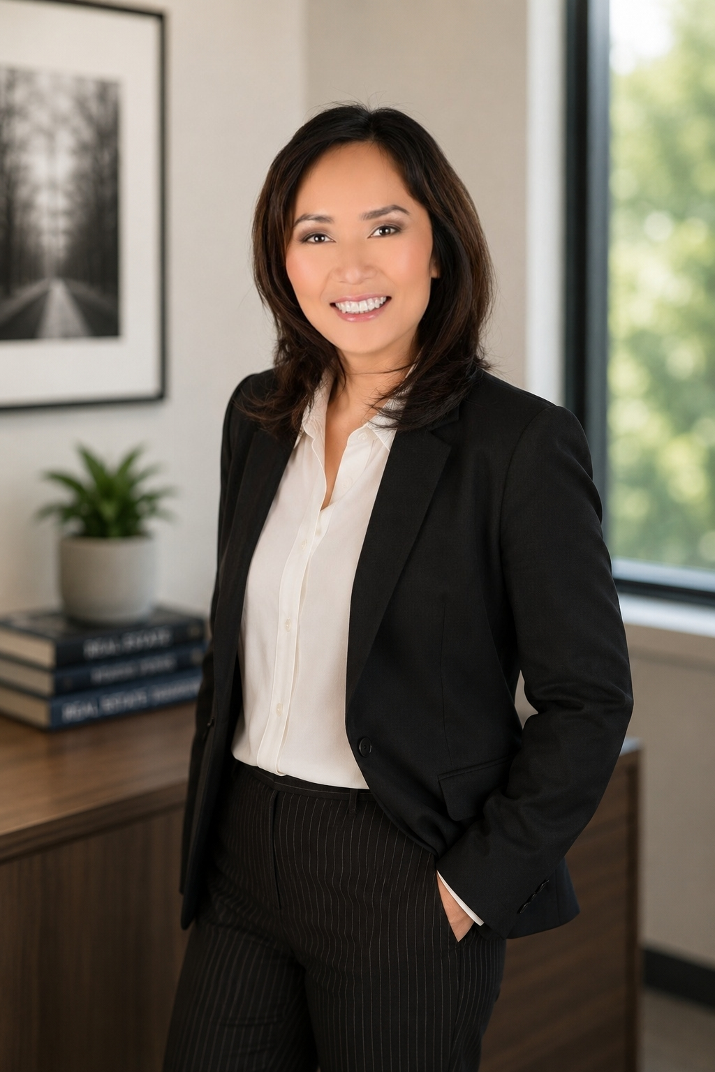 A professional female Chinese realtor with shoulder-length dark hair, dressed in a black blazer and white blouse, standing in a realty office with confidence and poise.