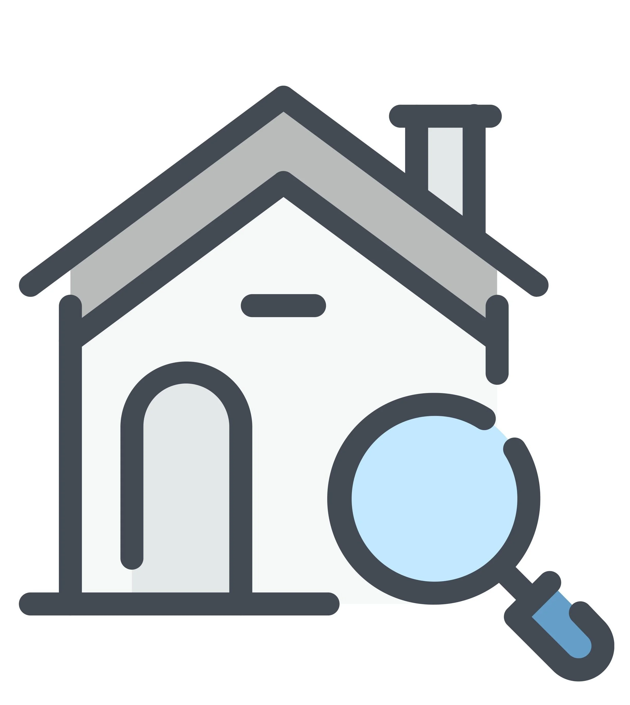 Illustration of a house with a pitched roof, a fireplace, a wheel on the side, and a person in a wheelchair outside.