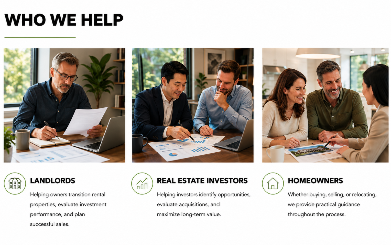 Images of three business meetings illustrating services for landlords, real estate investors, and homeowners, with descriptions for each group.