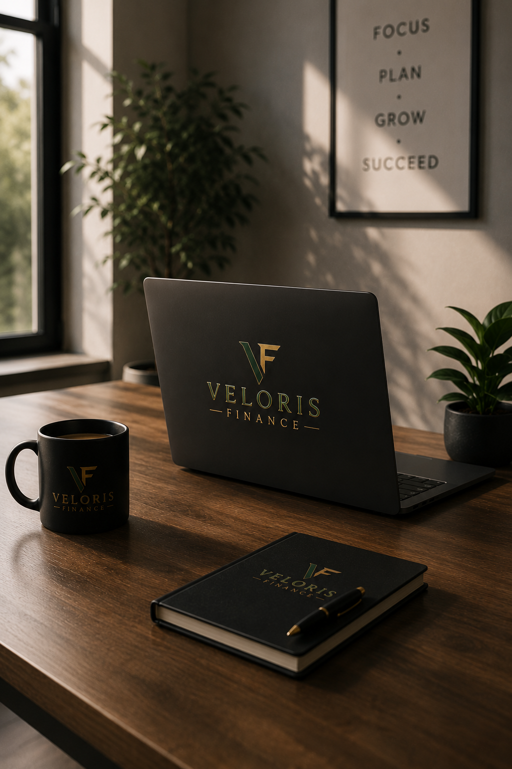 A desk setup with a black Veloris Finance laptop, matching coffee mug, and notebook with a pen. There are potted plants and a framed motivational quote on the wall that says, "Focus, Plan, Grow, Succeed."