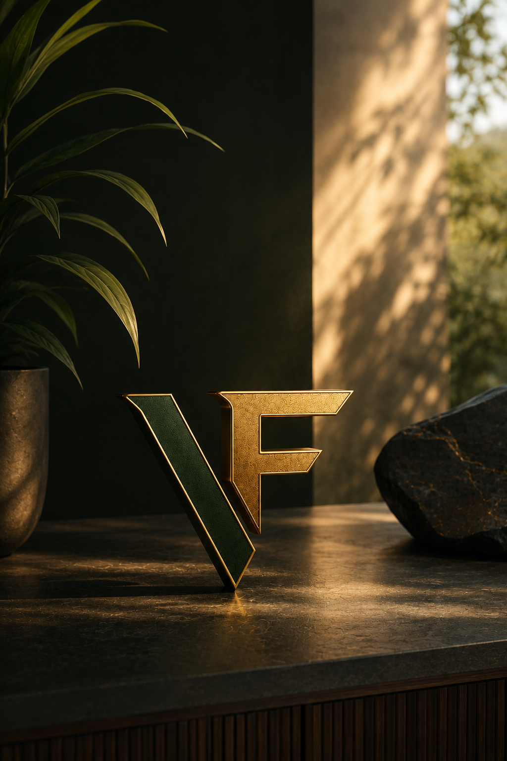 Decorative letters 'V' and 'F' with gold and green accents on a dark marble surface, with a potted plant to the left and natural sunlight illuminating the background.