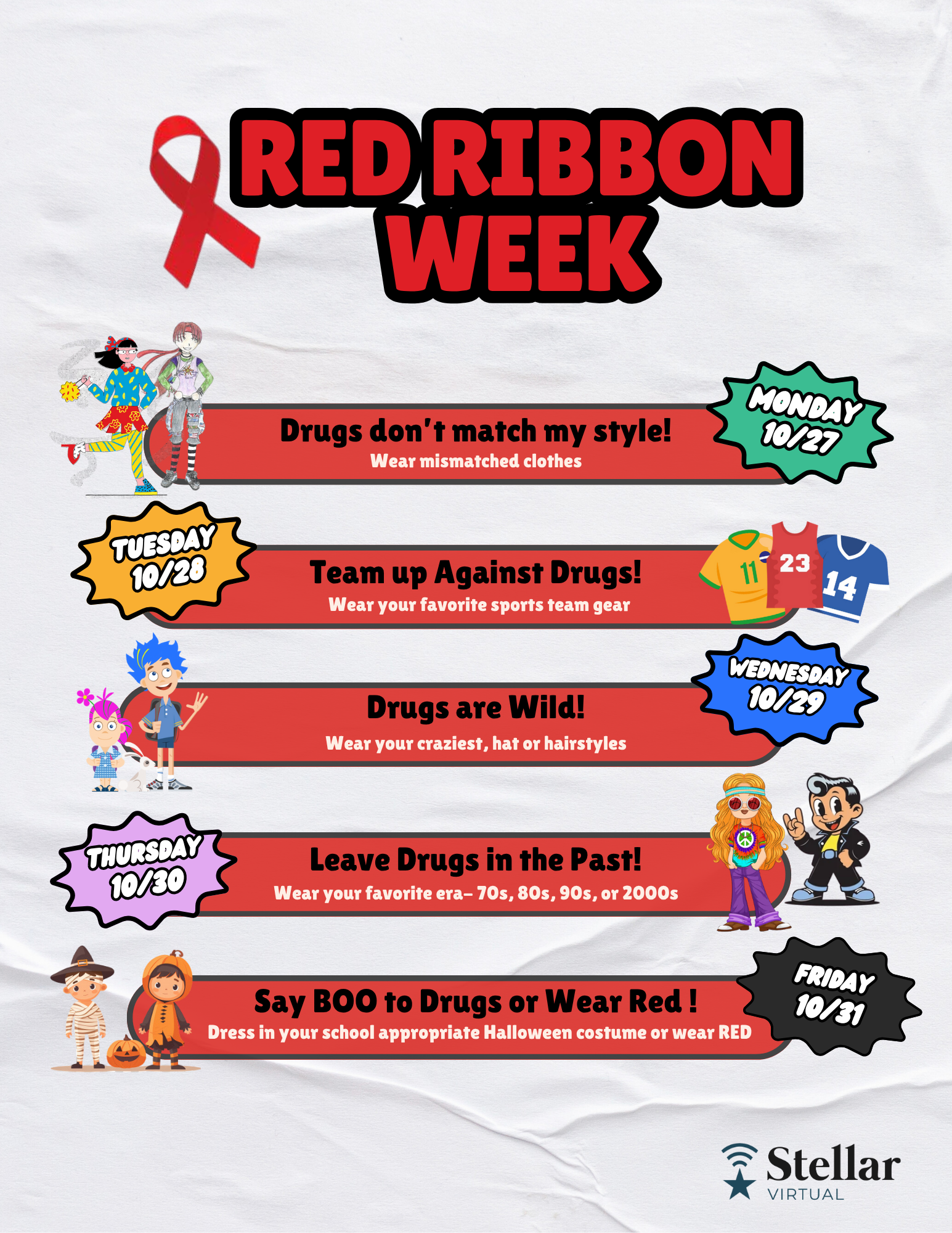 A graphic breaking down the different themed dress up days for Red Ribbon Week