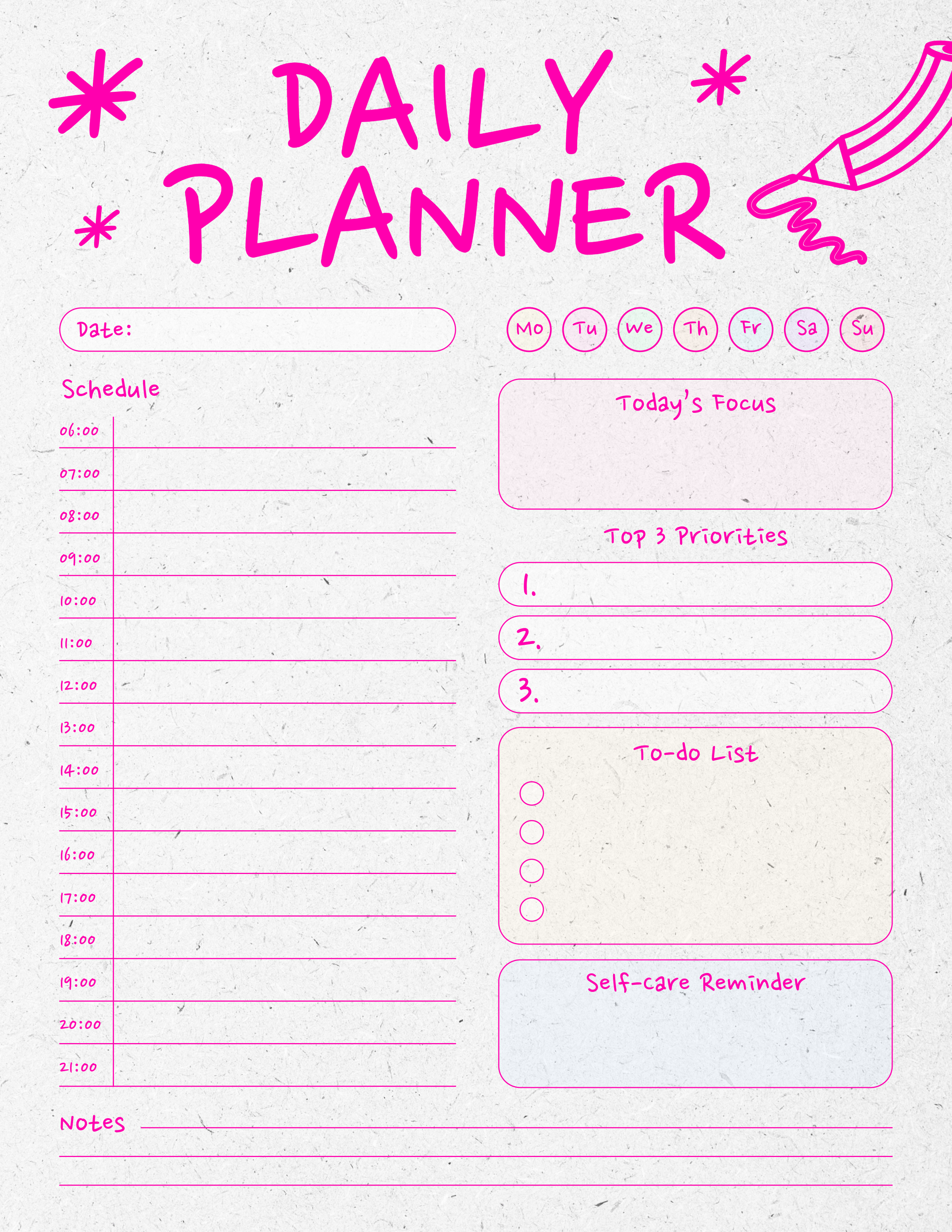 A daily planner with the day organized by hour. There are additional sections for things like Self-Care reminders and Top 3 Priorities.