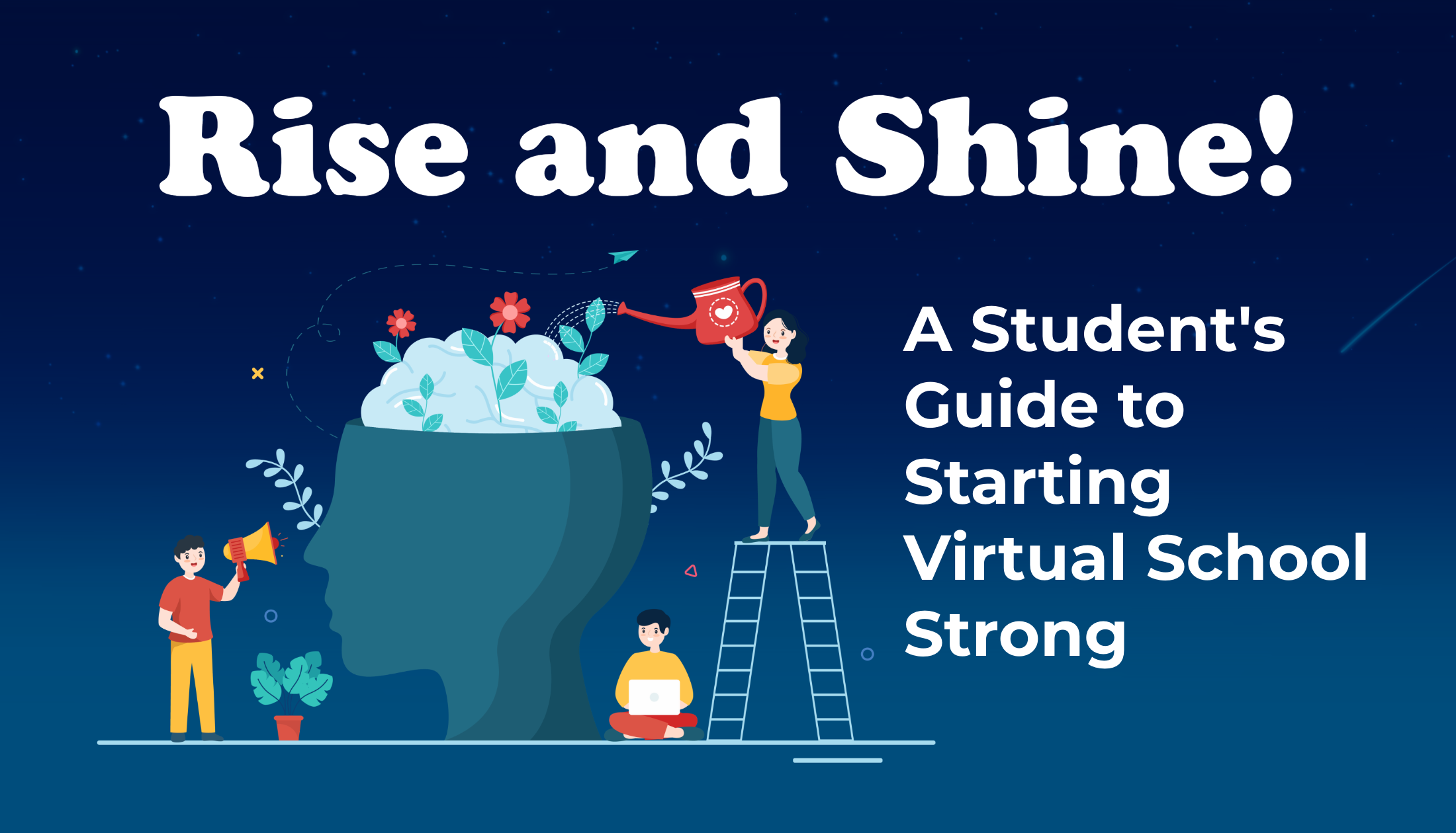A blue header with an illustration of three students caring for a growing mind. White text spells out the title.
