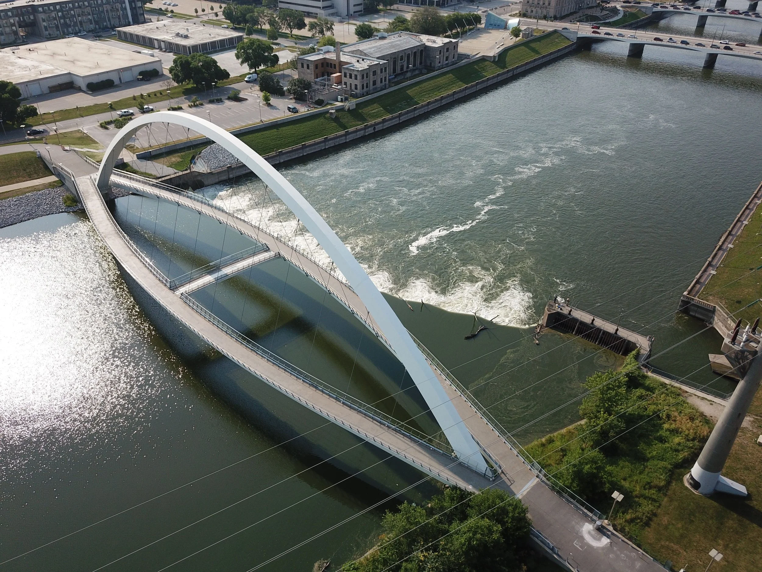 An overhead view of a bridge in Des Moines, IA