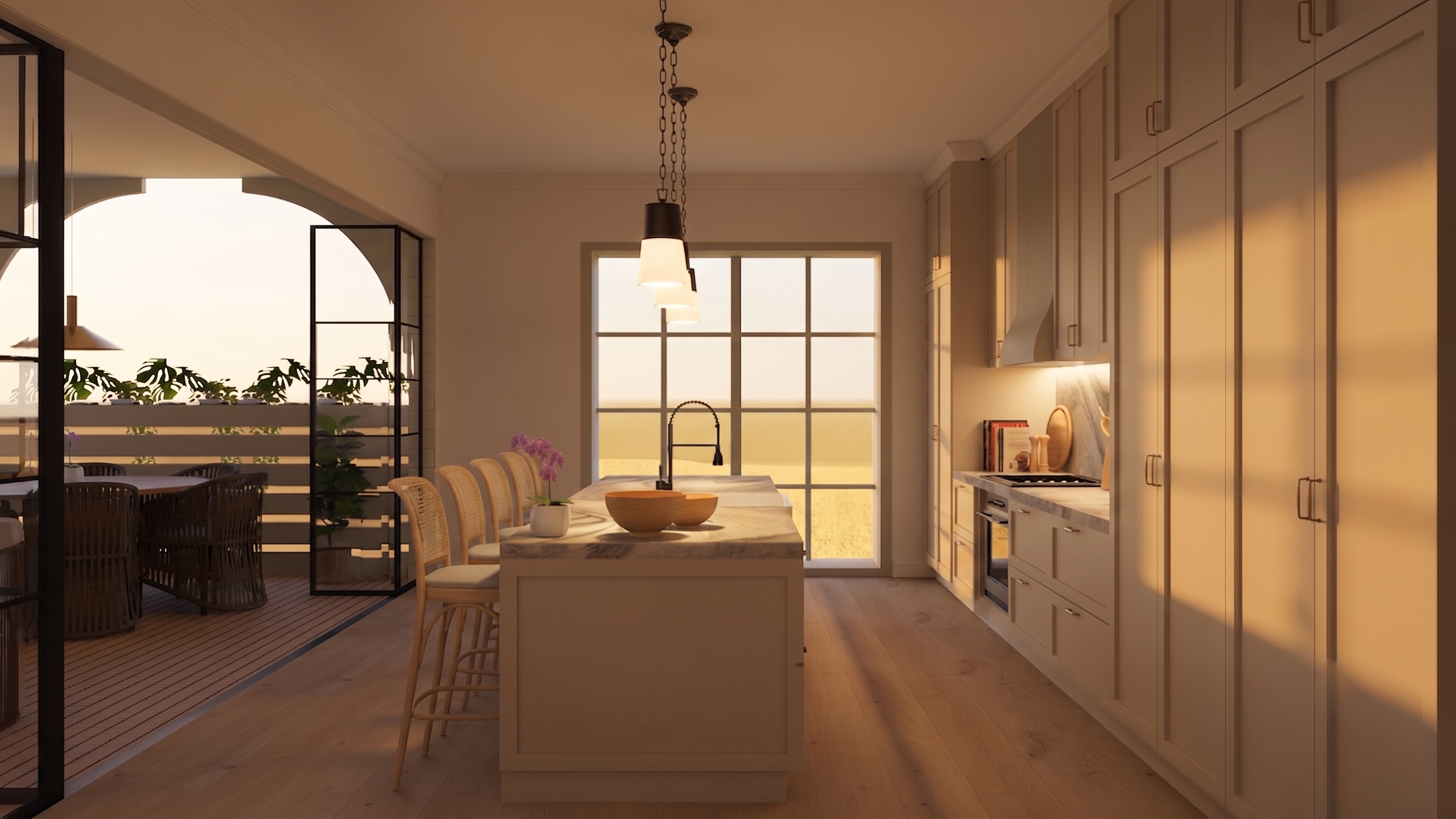 Marina Point kitchen and covered terrace - Soulful Transitional finish package