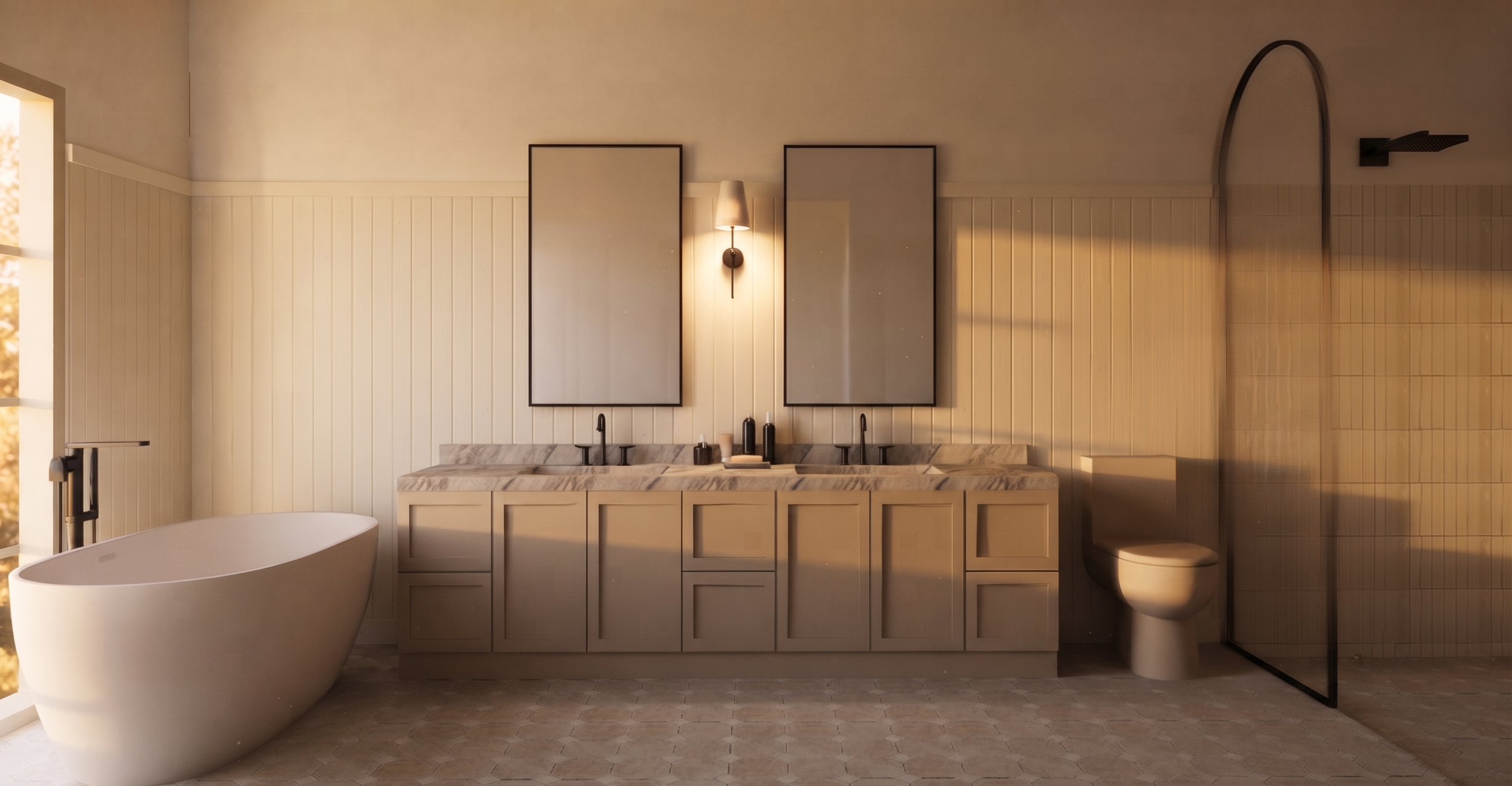 Marina Point primary bathroom with freestanding tub and arched shower - Soulful Transitional finish package
