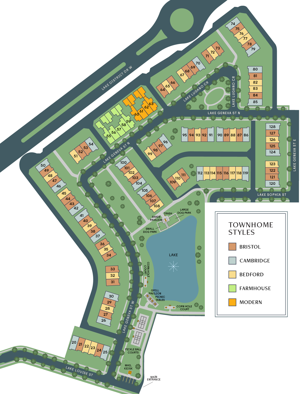 A detailed map of a residential community surrounding a lake, showing different styles of townhomes including Bristol, Cambridge, Bedford, Farmhouse, and Modern. The map features streets, designated parks, a dog park, picnic areas, a playground with pickleball courts, a cornhole court, a mail kiosk, and an entrance, with north oriented at the top.