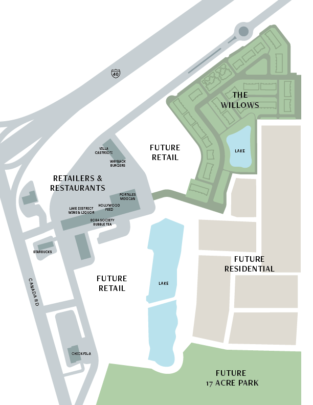 A site plan of a development area showing future retail, retailers and restaurants, residential, park, and two lakes, with nearby highways and streets.