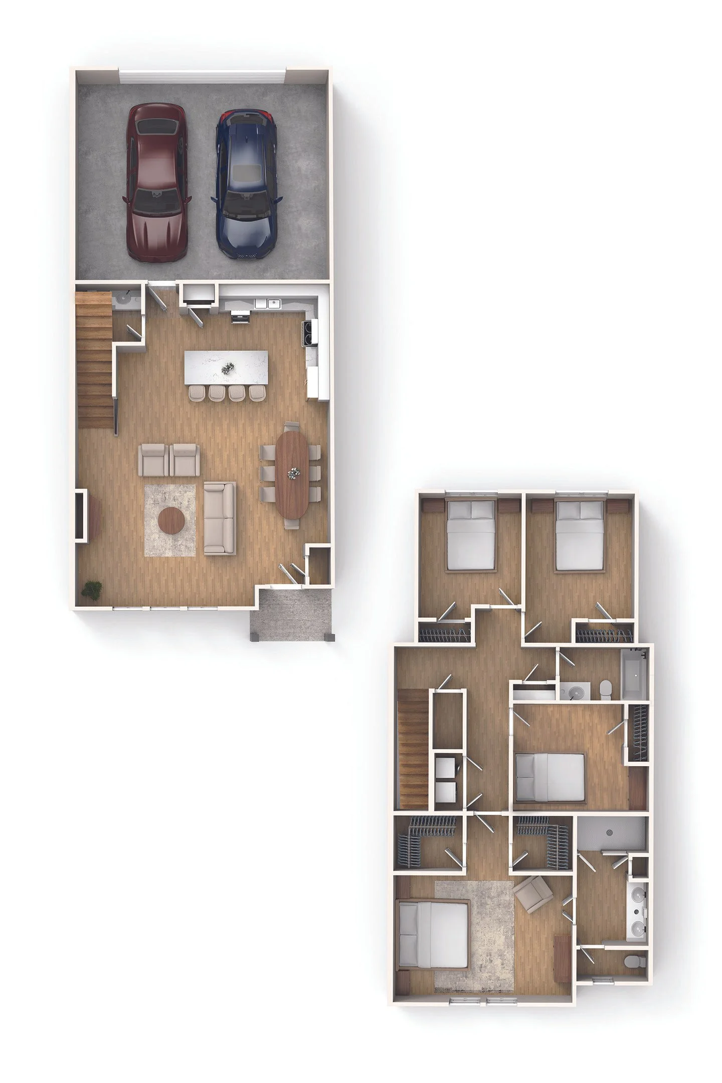 A detailed 3D floor plan of a two-story house with a garage for two cars, kitchen, living room, dining area, multiple bedrooms, and bathrooms.
