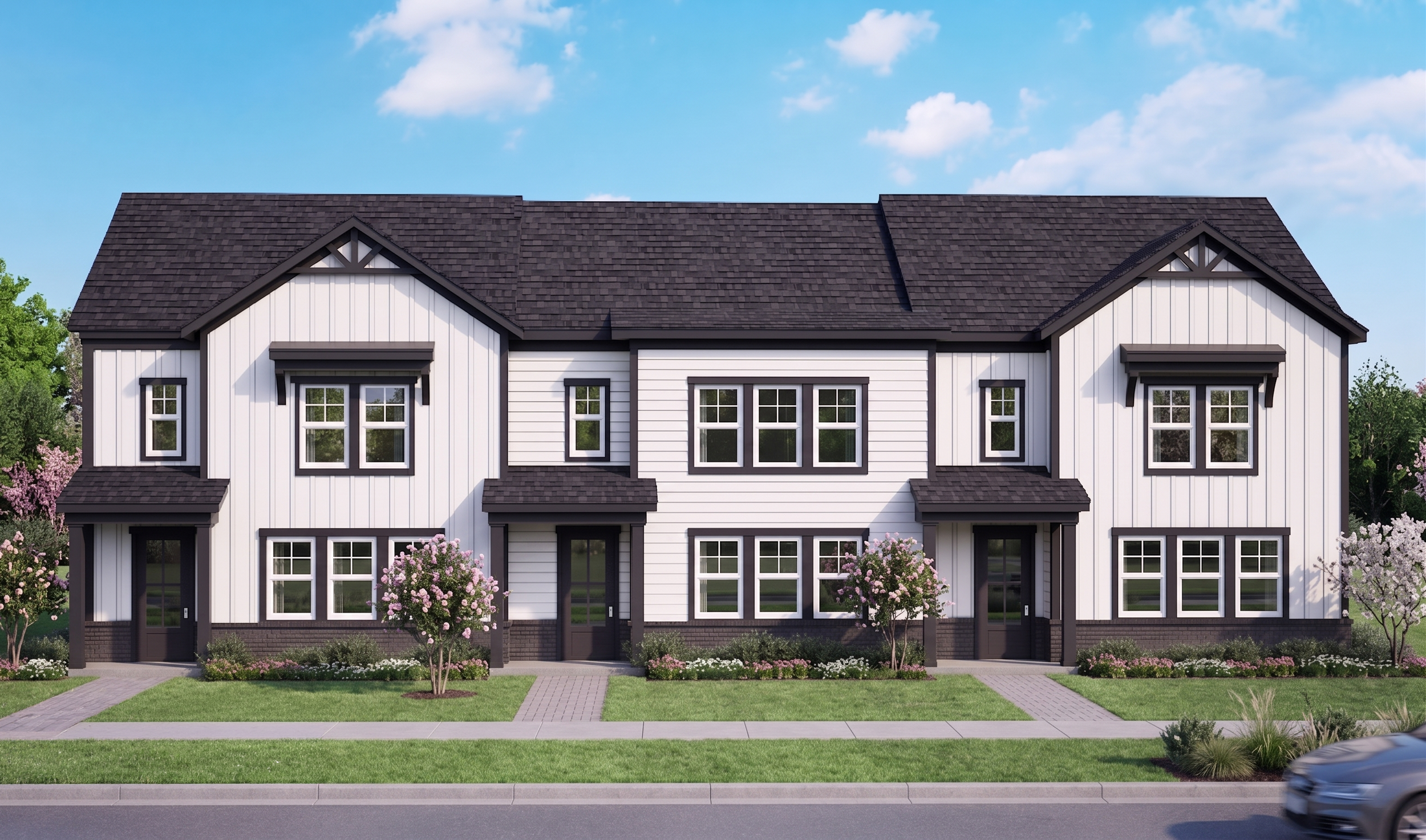 Front view of a modern three-story house with white vertical siding, black trim, multiple large windows, a dark shingled roof, and landscaped yard with pink flowering bushes and small trees.