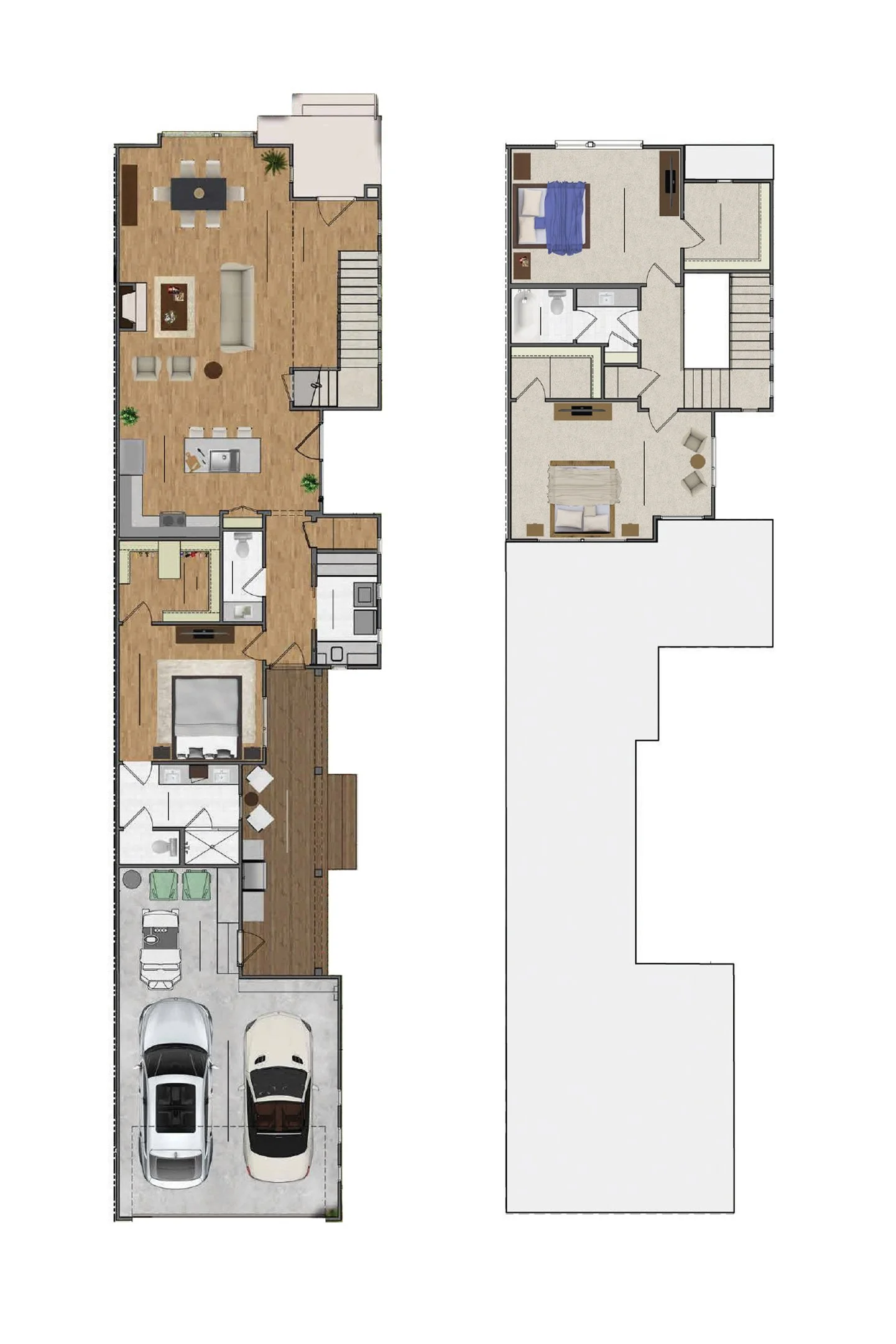 Floor plan of a house with a garage, laundry room, bathroom, bedroom, and living area on the first floor; second floor has two bedrooms, a bathroom, and a small sitting area.